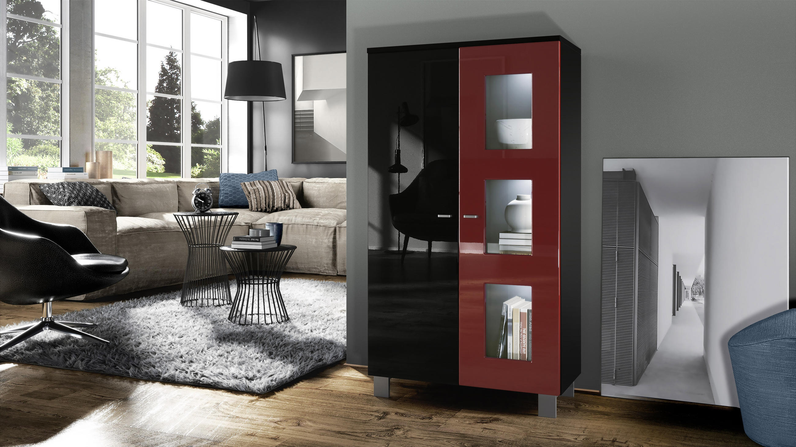 Thumbnail - Vladon Vitrine, Bordeaux, Holzwerkstoff, 71x129x35 cm, Wohnzimmer, Wohnwände, Vitrinenschränke