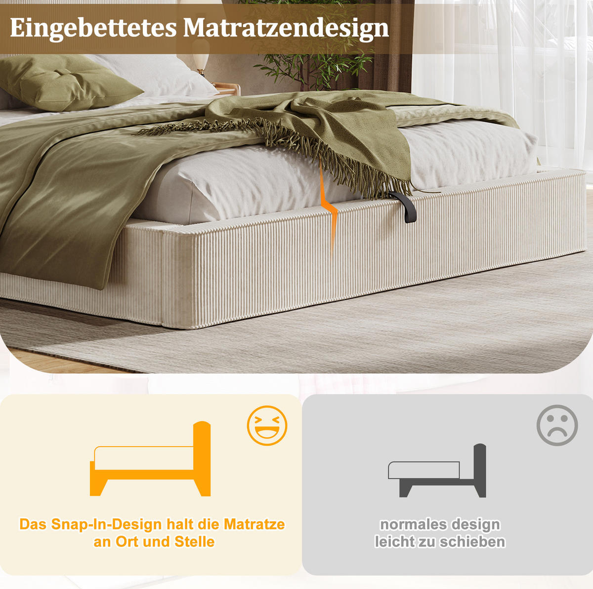 POLSTERBETT 180/200 cm aus Cord mit Stauraum und Lattenrost Beige - Beige, Textil (180/200cm) - Modenvie