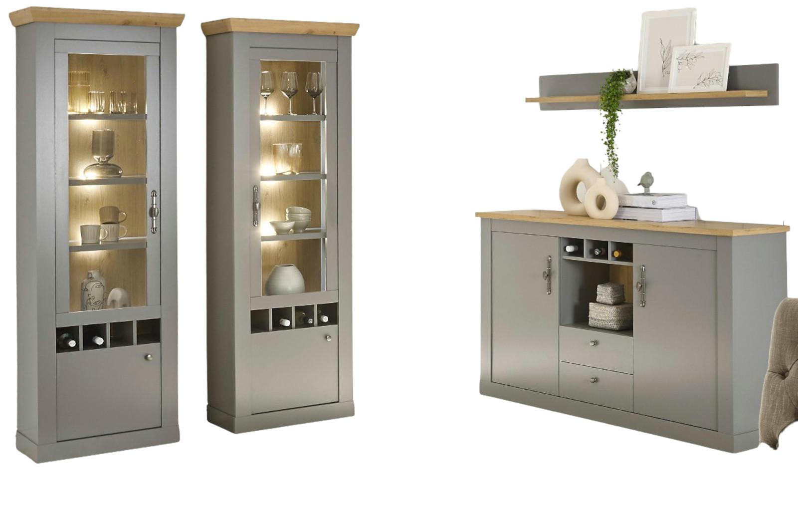WOHNWAND grau, Artisan Eiche Landhaus 4-teilig 328 cm, Wohnkombination mit viel Stauraum - Silberfarben/Hellgrau, Holzwerkstoff/Metall (328/201/44cm) - Furn.Design