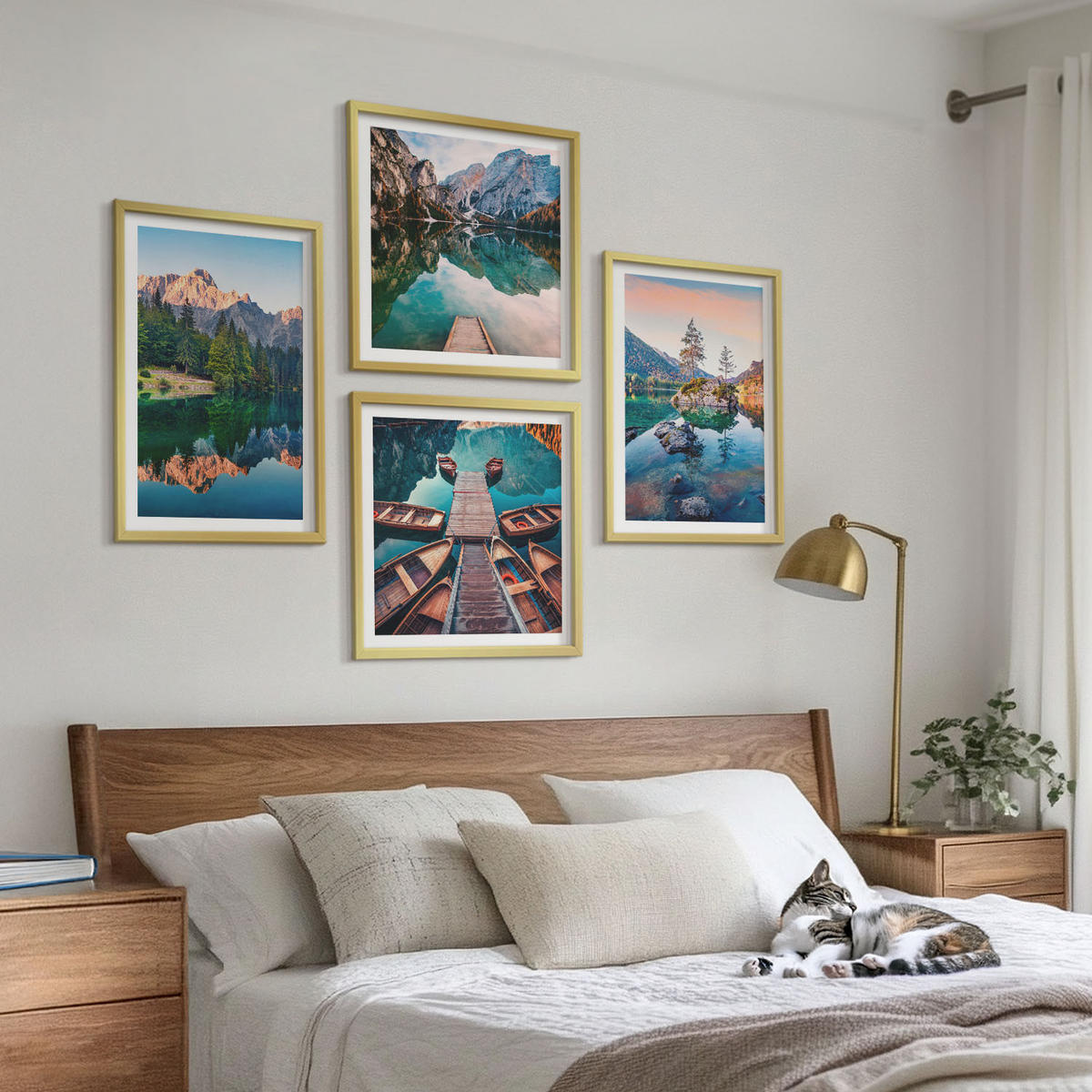 BILDER SET 4er Set - 50x50 cm & 40x60 cm Goldrahmen - Spiegelung des Waldes in Bergseen - Goldfarben, Kunststoff (50/50cm) - TULUP