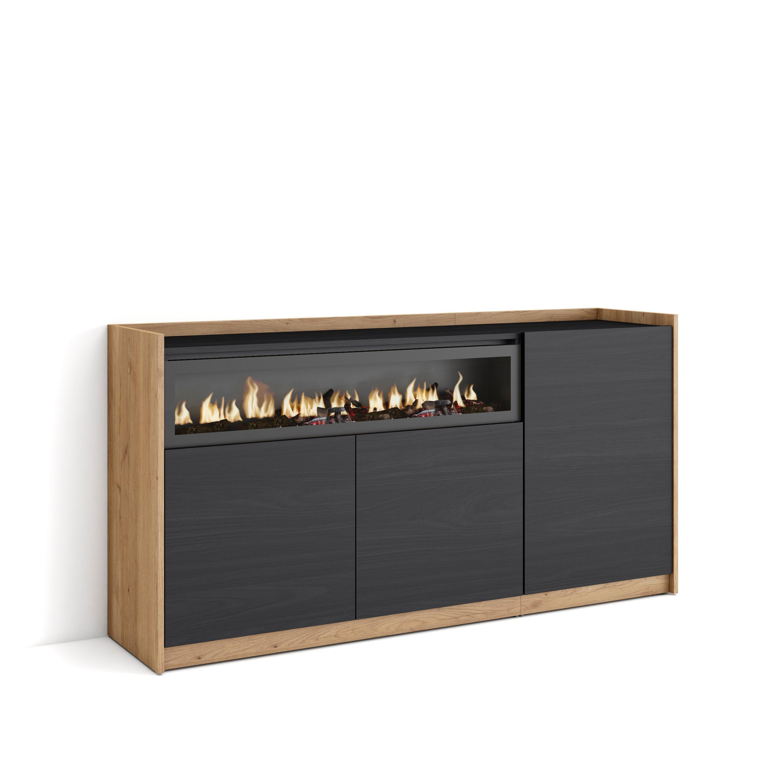 SIDEBOARD, Highboard, Schwarz Eiche, Elektrokamin, 156/37/80cm - Schwarz, Holzwerkstoff (156/80/37cm) - Skraut Home
