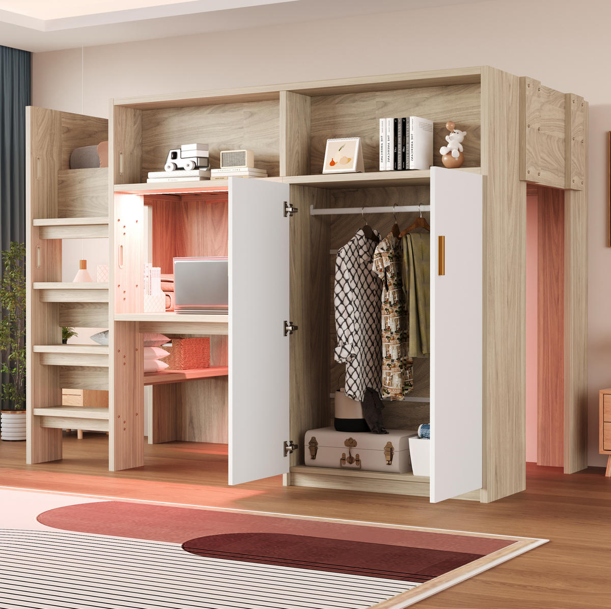 HOCHBETT aus MDF, Spanplatte und Sperrholz 90x200 cm Holzfarbe mit Schreibtisch, Kleiderschrank, Regal und LED-Beleuchtung - Naturfarben, Holzwerkstoff (90/200cm) - Modfu
