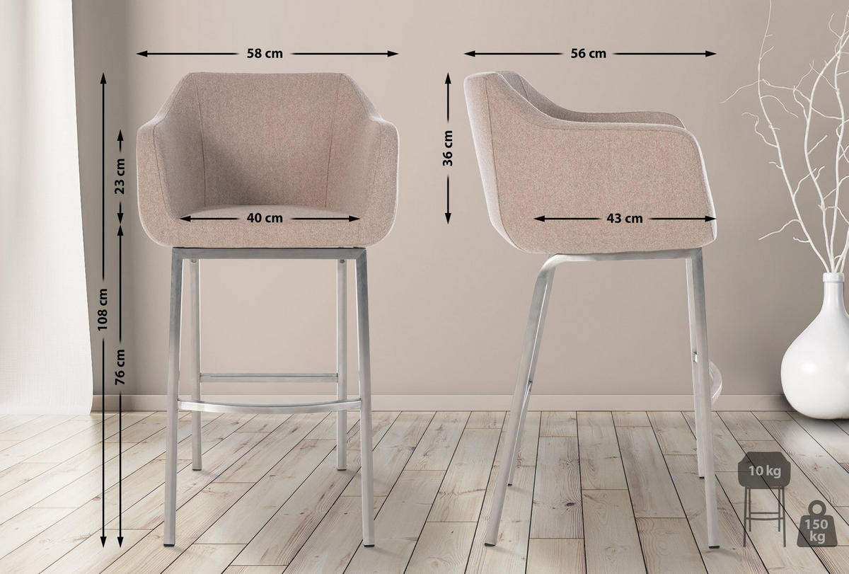 BARHOCKER Filz taupe - Taupe/Edelstahlfarben, Textil/Metall (58/108/56cm) - CLP