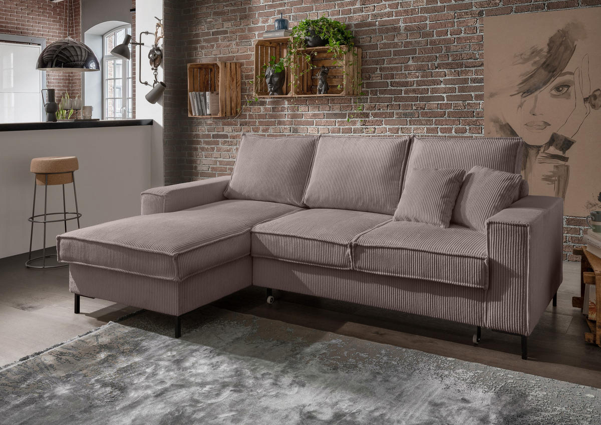ECKSOFA mit Schlaffunktion, Bettkasten, Wellenunterfederung, Récamiere links B240/T150/H92 cm, Liegefl. 125x198 cm, Cord Braun Taupe / 17225 - Taupe/Schwarz, Textil/Metall (240/150cm) - luma-home