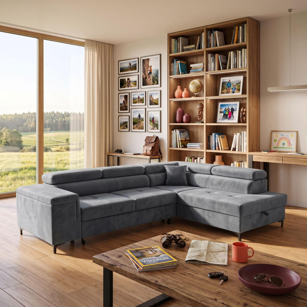 ECKSOFA WILLIAM L Rechts mit Schlaffunktion 127x195 Velours Grau - Silberfarben/Grau, Holz/Textil (203/275cm) - Muffo