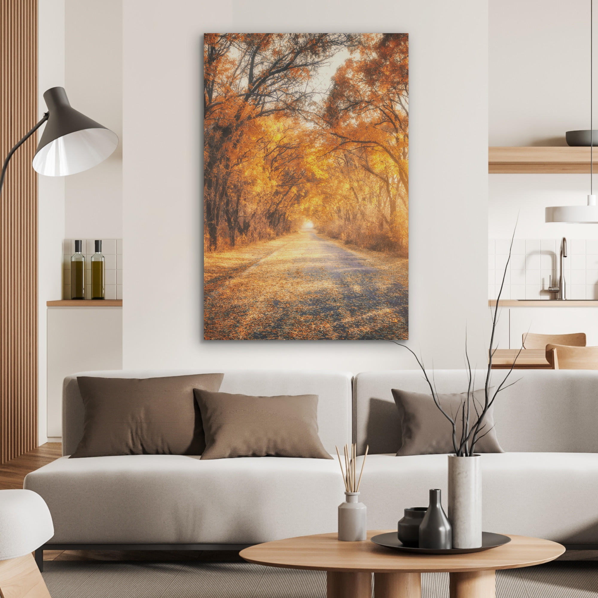 AKUSTIKPANEEL Wald - Herbst - Bäume - Waldweg - Natur 70x100 cm - Bernsteinfarben, Textil (70/0.9/100cm) - MuchoWow