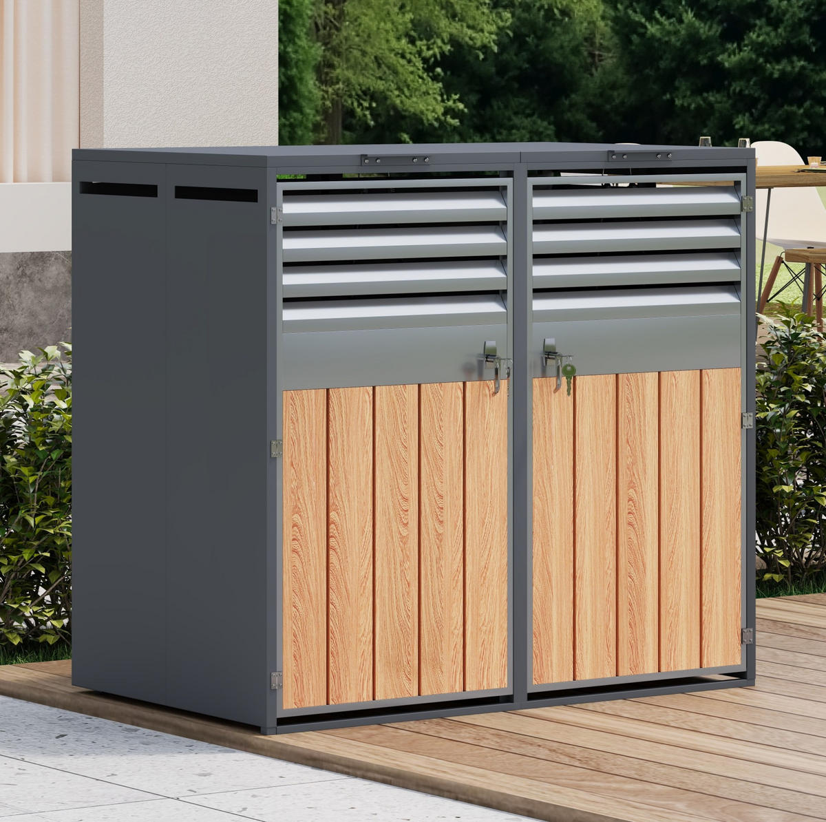 MÜLLTONNENBOX aus Stahl in Grau Holzoptik mit Klappdeckel & Schloss 132x80x118,5 cm - Grau, Metall (132/118.5/80cm) - Modfu