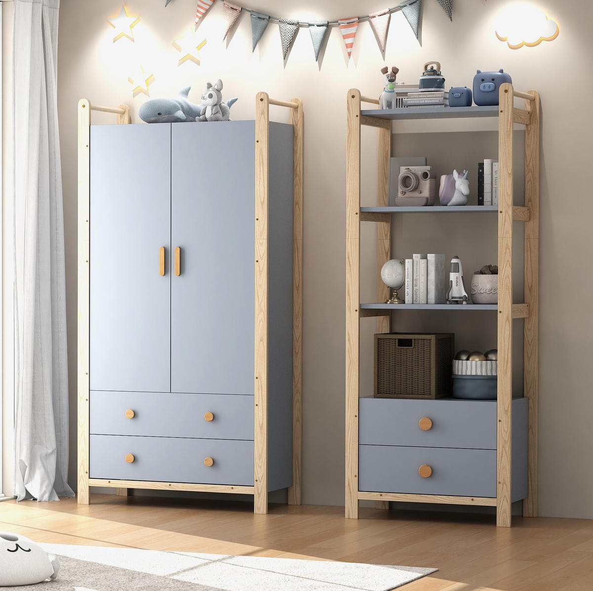 GARDEROBENSET 160/44/180 cm blau/natur aus Holz/MDF mit Schrank und Regal - Blau, Holzwerkstoff (160/180.5/44cm) - OKWISH