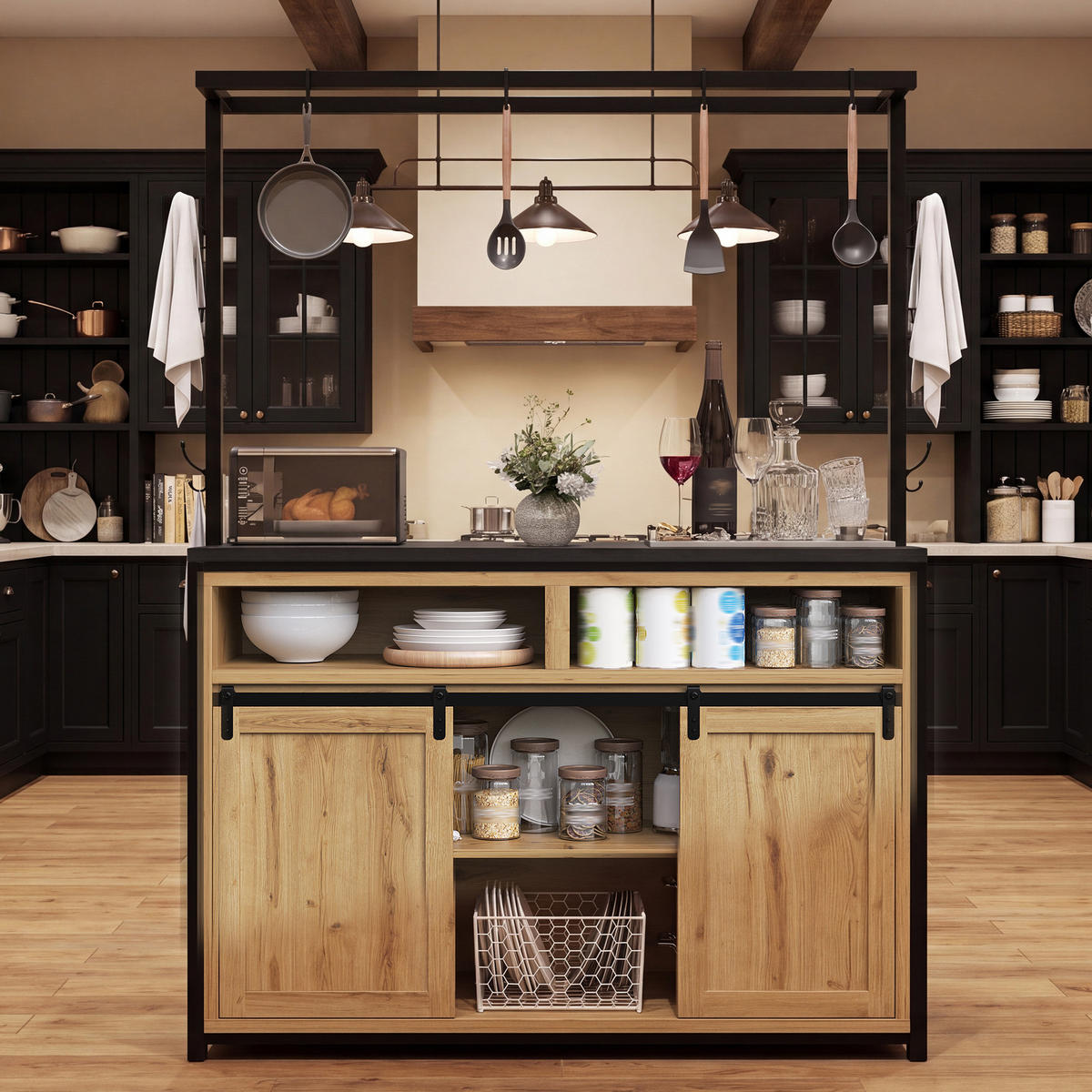 BUFFET in Holzoptik Küchenschrank mit Hängeregal, Arbeitsplatte & Stromanschluss, 107/62/183cm(B x T x H),für Küche & Ess- - Naturfarben, Holzwerkstoff/Metall (107/183/62cm) - STILVORA