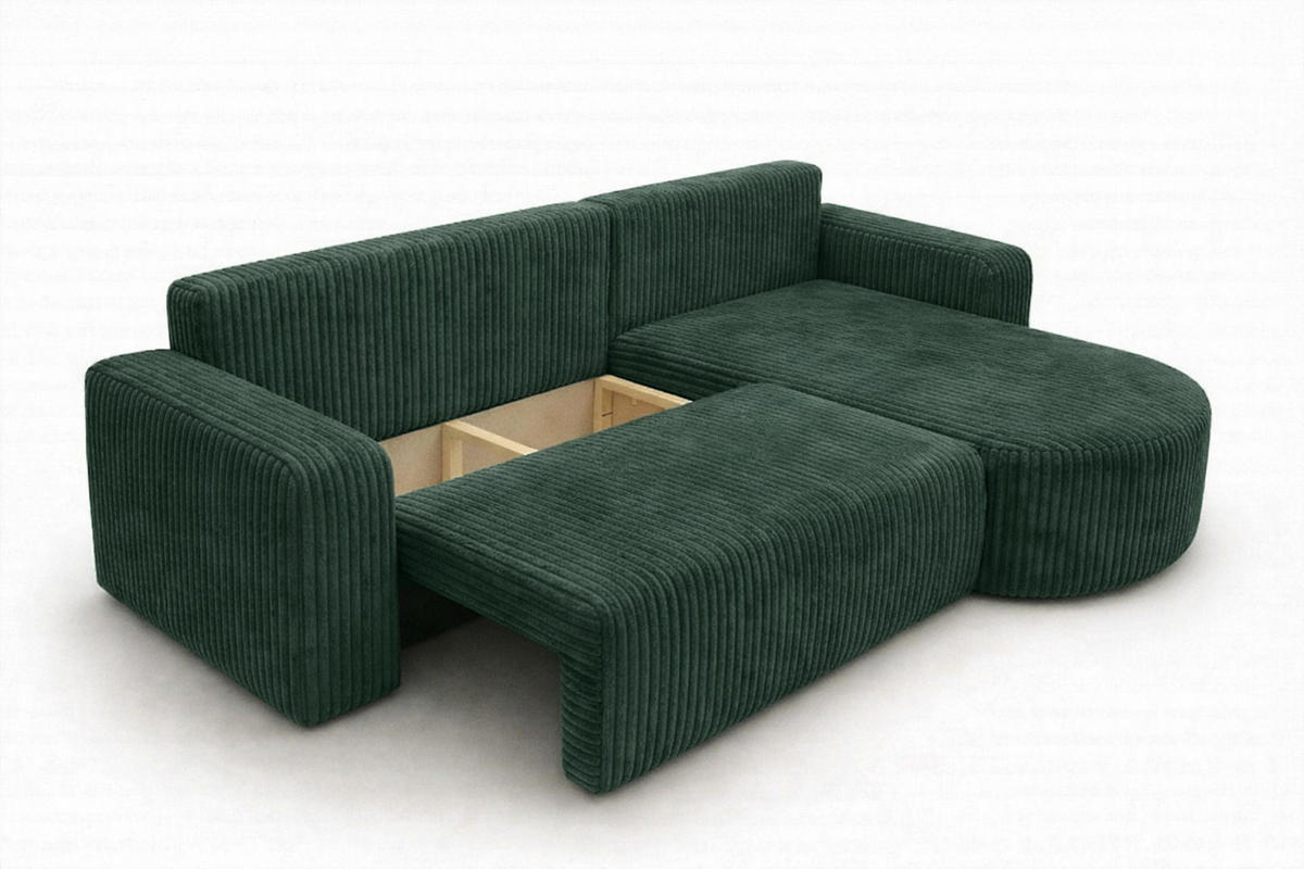 ECKSOFA Mit Schlaffunktion, Cordstoff Tilia, Grün, Rechts, ROUND ONE XL - Grün, Holz (271/175cm) - Kaiser Möbel
