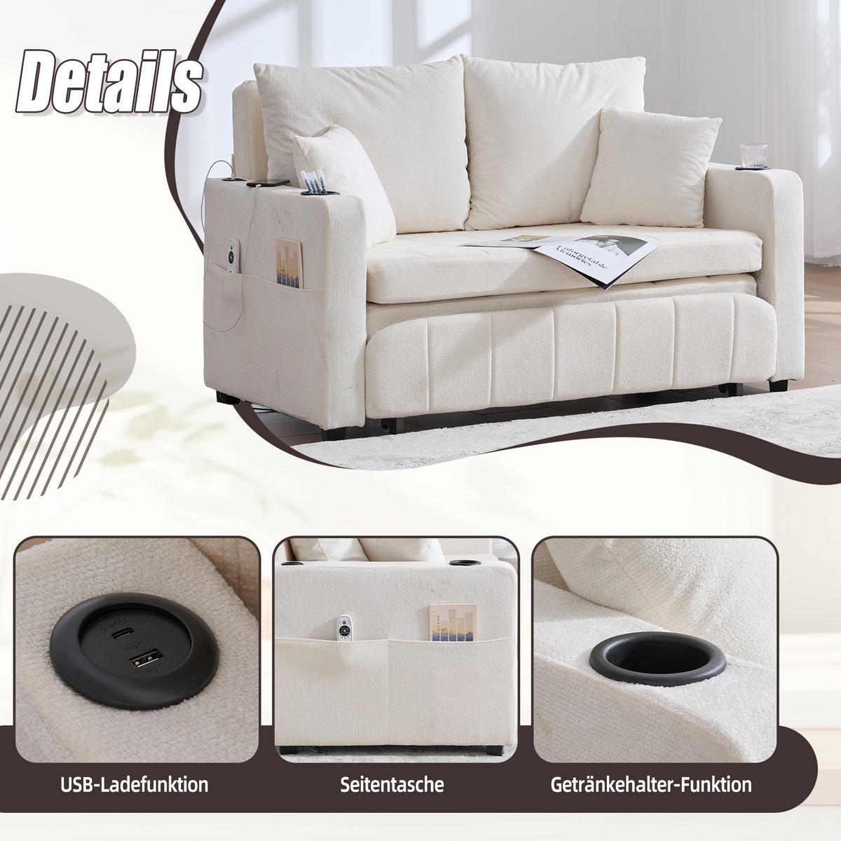 SCHLAFSOFA klappbar mit USB und Getränkehaltern, Beige - Beige, Textil (139/83/73cm)