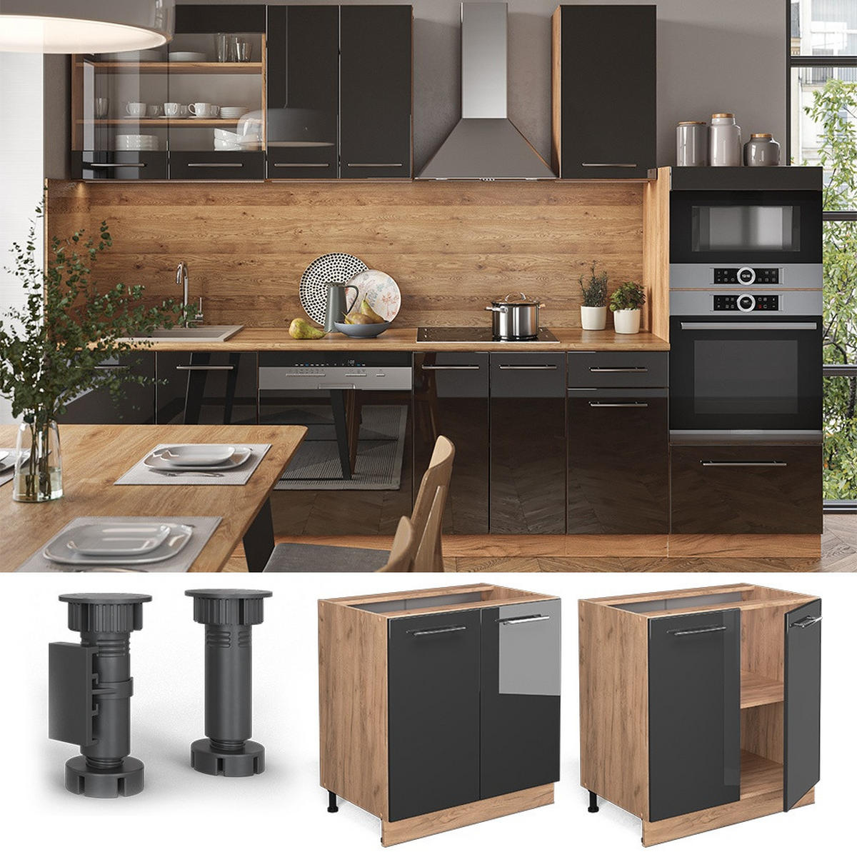 KÜCHENUNTERSCHRANK Fame-Line Anthrazit Hochglanz 80 cm mit Regal, AP Eiche - Honigeiche/Schwarz Hochglanz, Holzwerkstoff (80/82/60cm) - Vicco