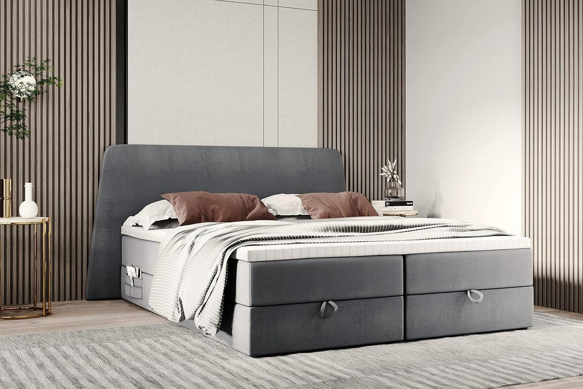 BOXBETT 160 x 200 cm RONDA mit Bettkästen und Topper, Taschenmatratze und Seitliche Taschen für Handy oder Buch, Grau - Grau, Holz/Textil (160/200cm) - Trada