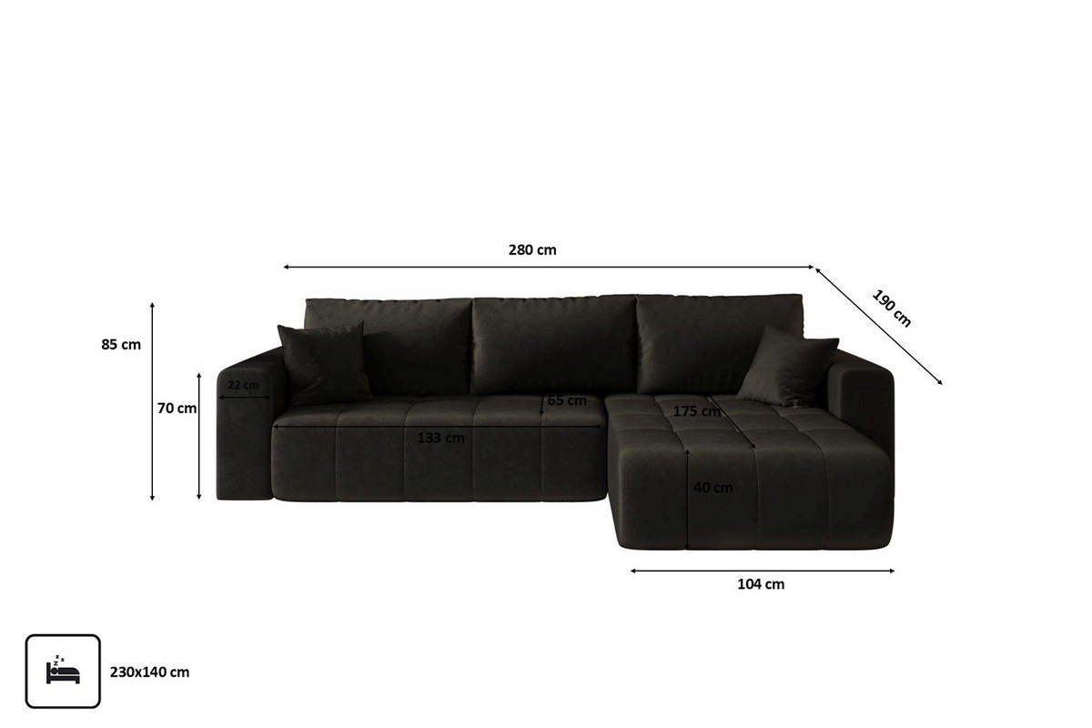 ECKSOFA mit schlaffunktion und bettkasten MILO, stoff MONOLITH, Dunkelgrau, Rechts - Dunkelgrau, Holz (280/190cm) - Kaiser Möbel