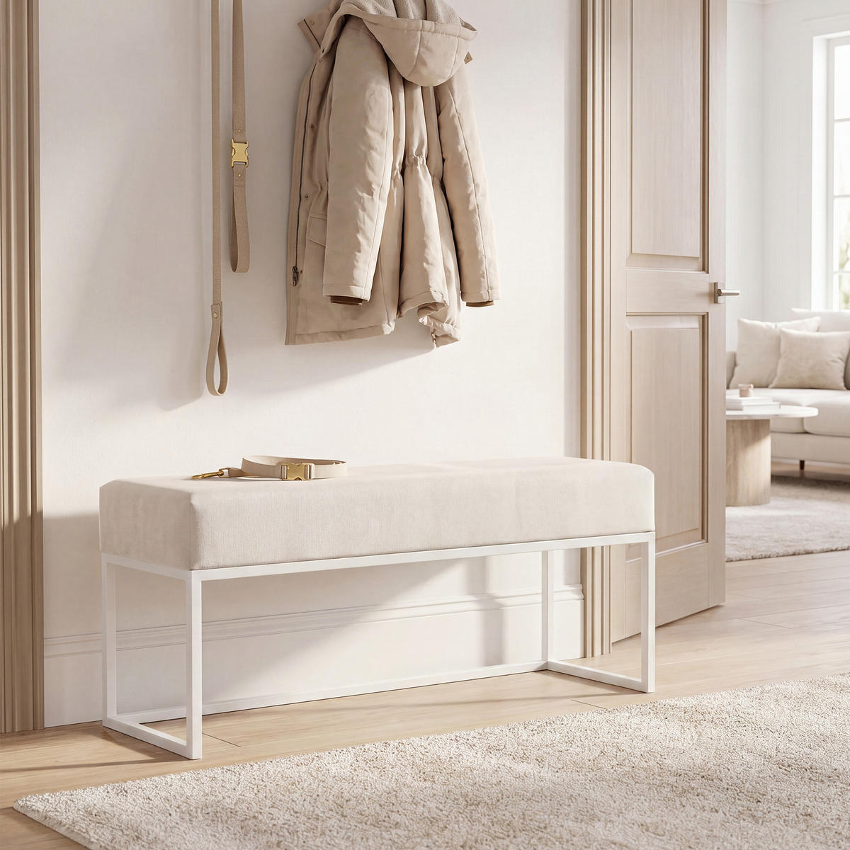 POLSTERBANK PURE 90 cm Metallgestell, Weiß / Creme - Creme/Weiß, Textil/Metall (90/44/30cm) - Idohome