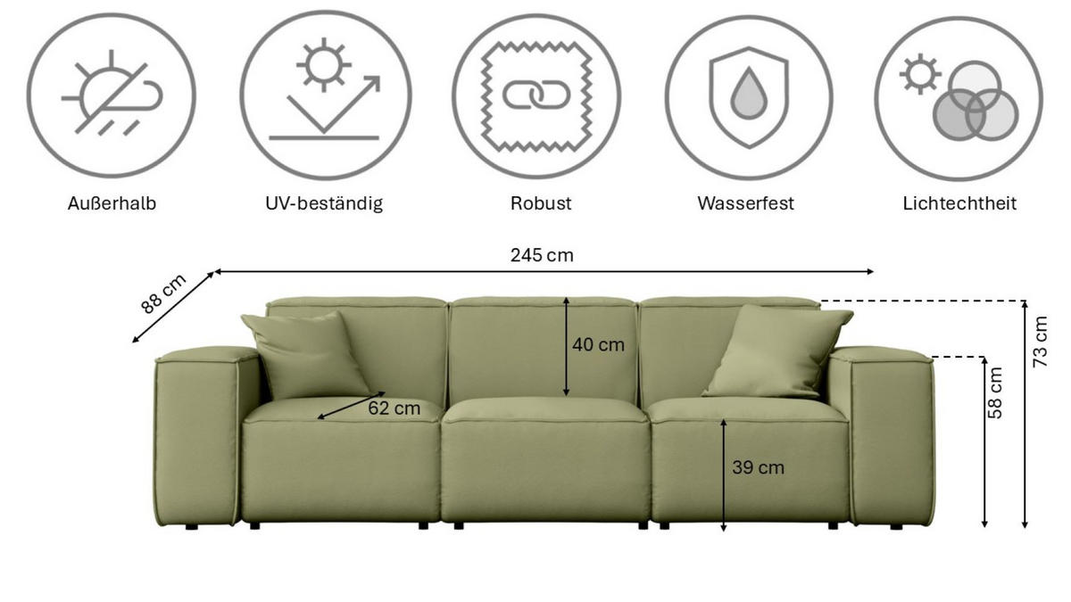 GARTENSOFA MALIBU 3 Sitzer Stoff Odyssey Hellgrün - Hellgrün, Holz (245/73/88cm) - Kaiser Möbel