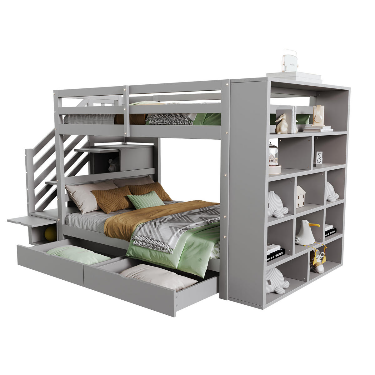 ETAGENBETT 90/200 cm Grau mit Sicherheitstreppe und Stauraum - Grau, Holz (90/200cm) - OKWISH