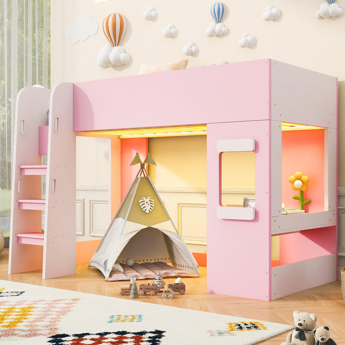 HOCHBETT aus MDF und Sperrholz 90x200 cm Rosa mit LED-Beleuchtung und Schreibtisch - Pink, Holzwerkstoff (90/200cm) - Modfu
