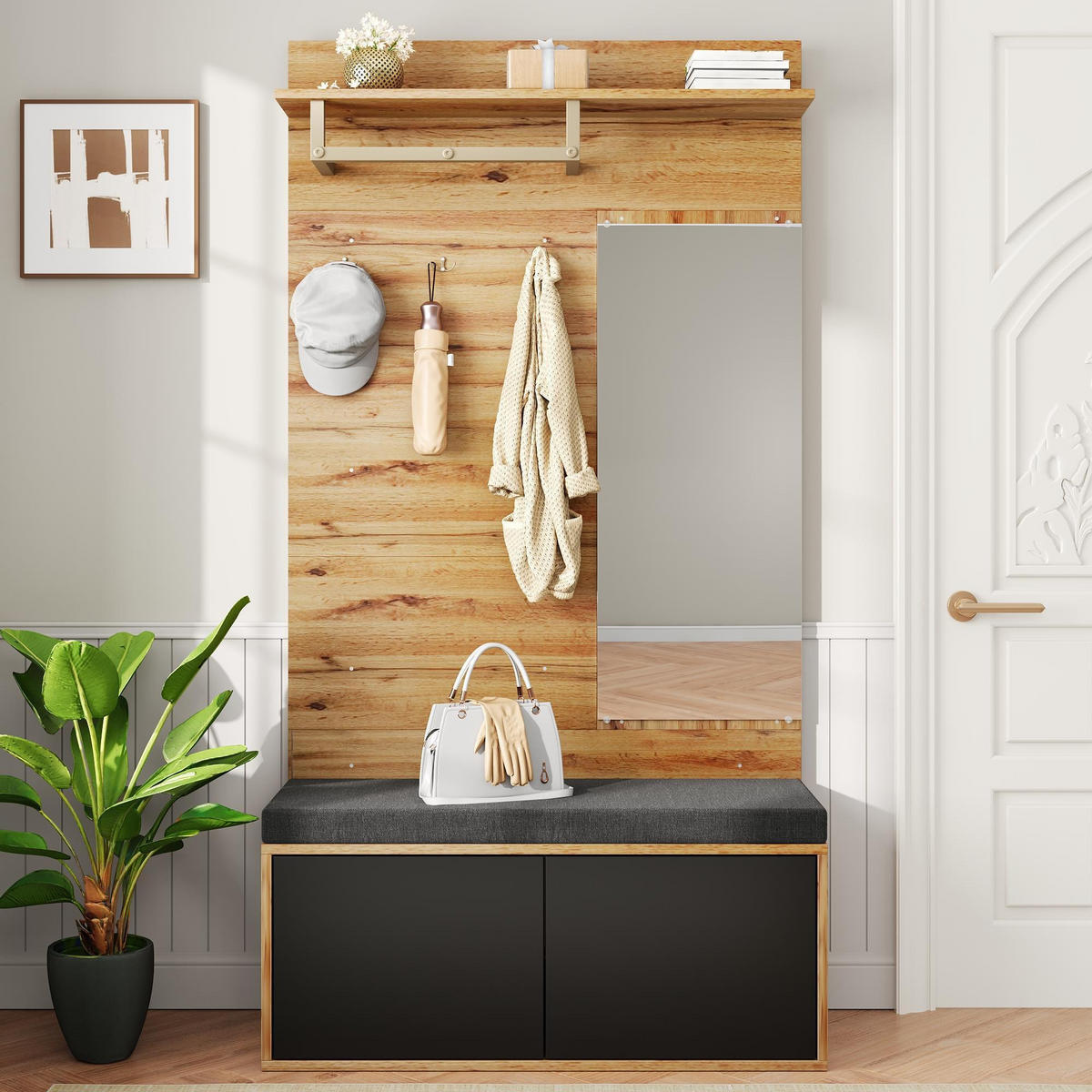 KLEIDERSCHRANKSET Kompakt Spiegel Kissen Garderobenpaneele Flur modern - Schwarz, Holzwerkstoff (38/190/100cm) - FLIEKS