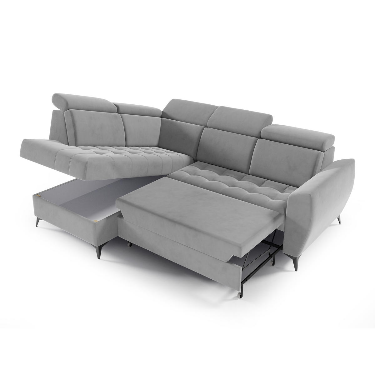 ECKSCHLAFSOFA Aurora II mit verstellbare Kopfstützen, Hellgrau, links - Hellgrau/Schwarz, Textil (266/204cm) - Beautysofa