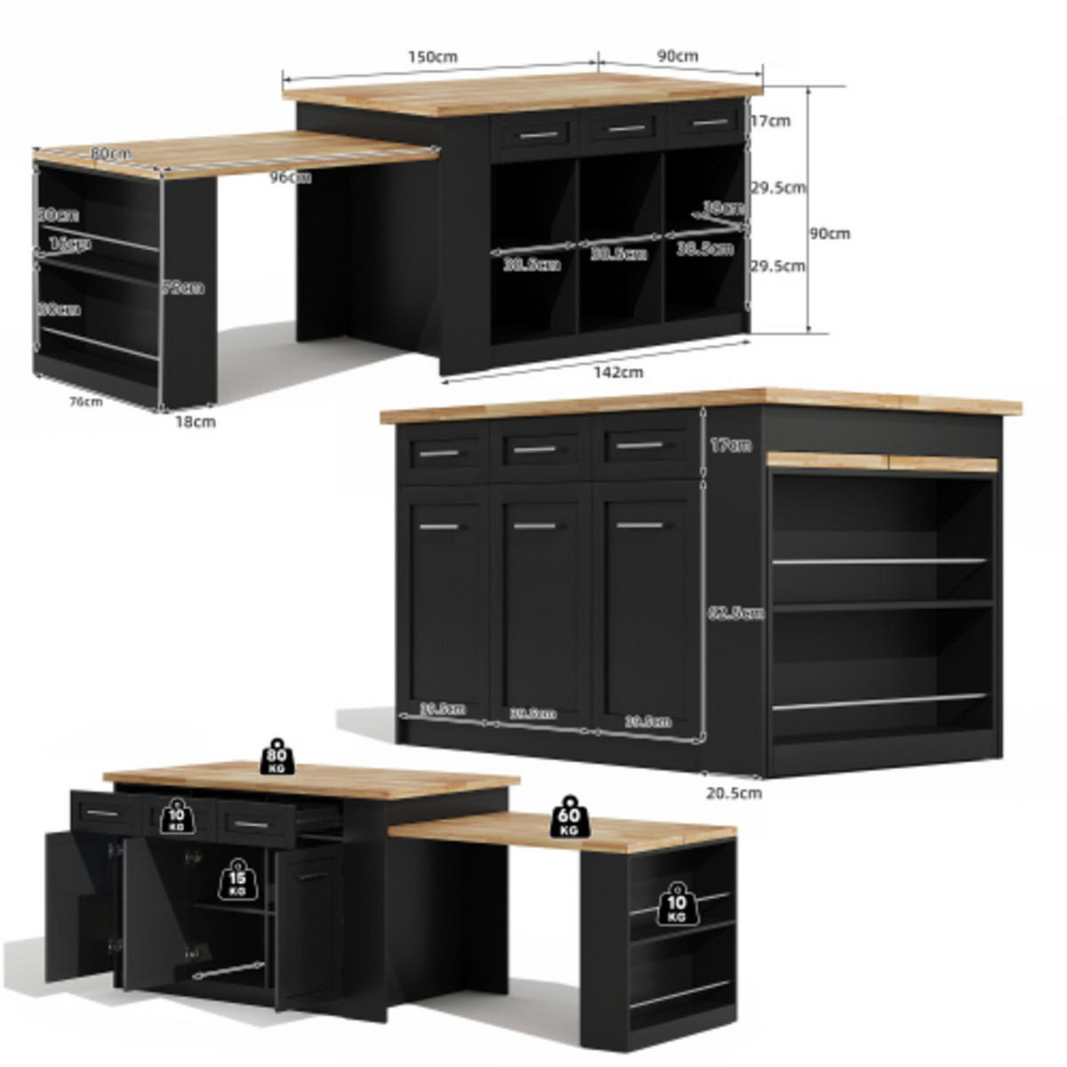 KÜCHENINSEL Schwarz-Natur aus MDF mit integriertem ausziehbarem Esstisch 150 × 90 × 90 cm - Schwarz, Holzwerkstoff (150/90/90cm) - Luhomfu