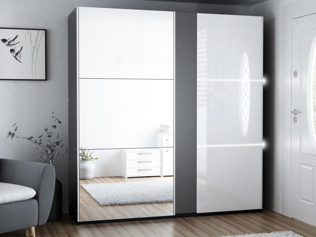 SCHWEBETÜRENSCHRANK RENEKTON 200/215/65 cm 2-türig mit Spiegel Graphitfarben - Graphitfarben, Holzwerkstoff (200/215/65cm) - MASSENO