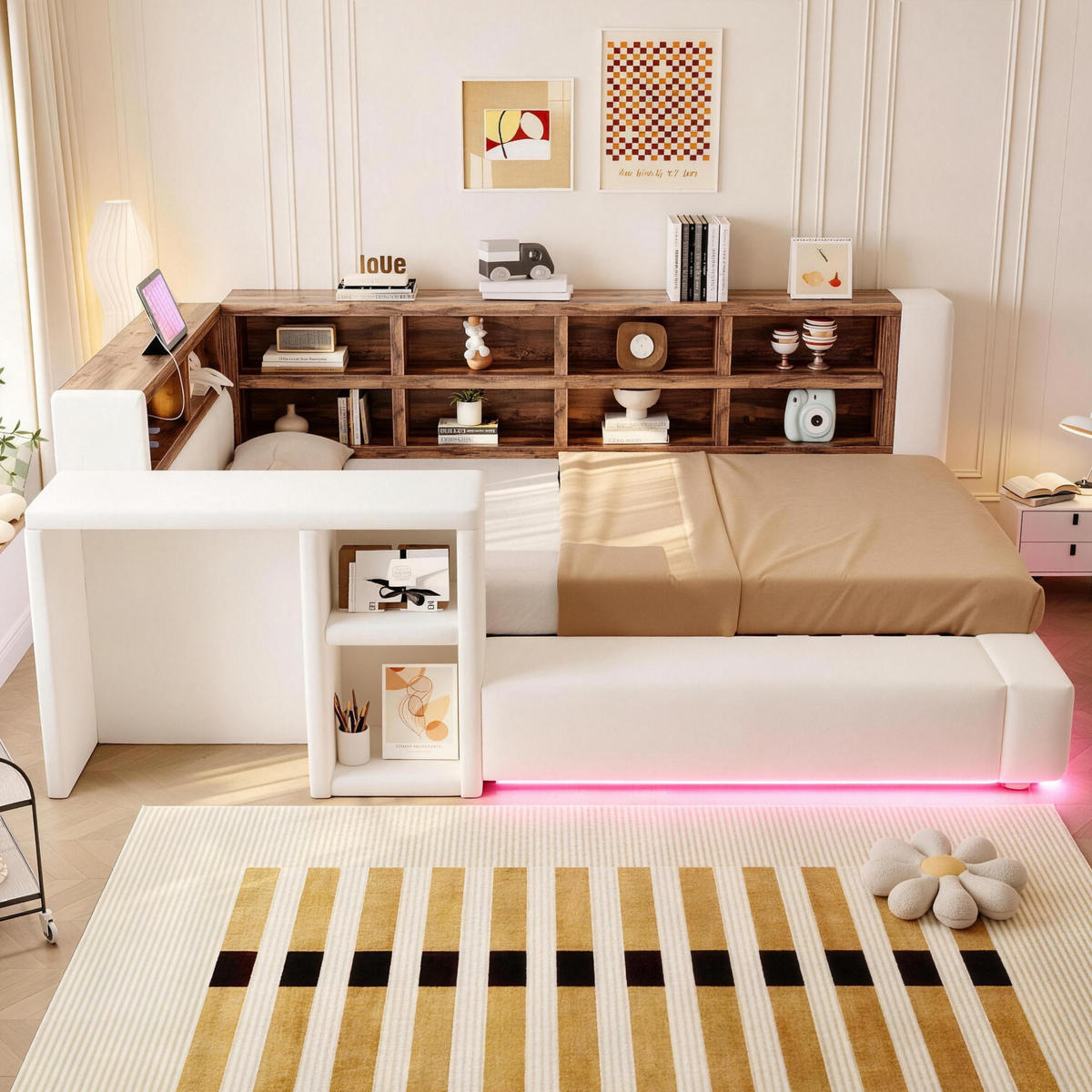 POLSTERBETT 90/200 cm in Beige mit Staufächern, LED, Steckdosen und Beistelltisch aus Samt, gepolstertem Kopfteil - Beige, Holzwerkstoff/Textil (90/200cm) - STILVORA