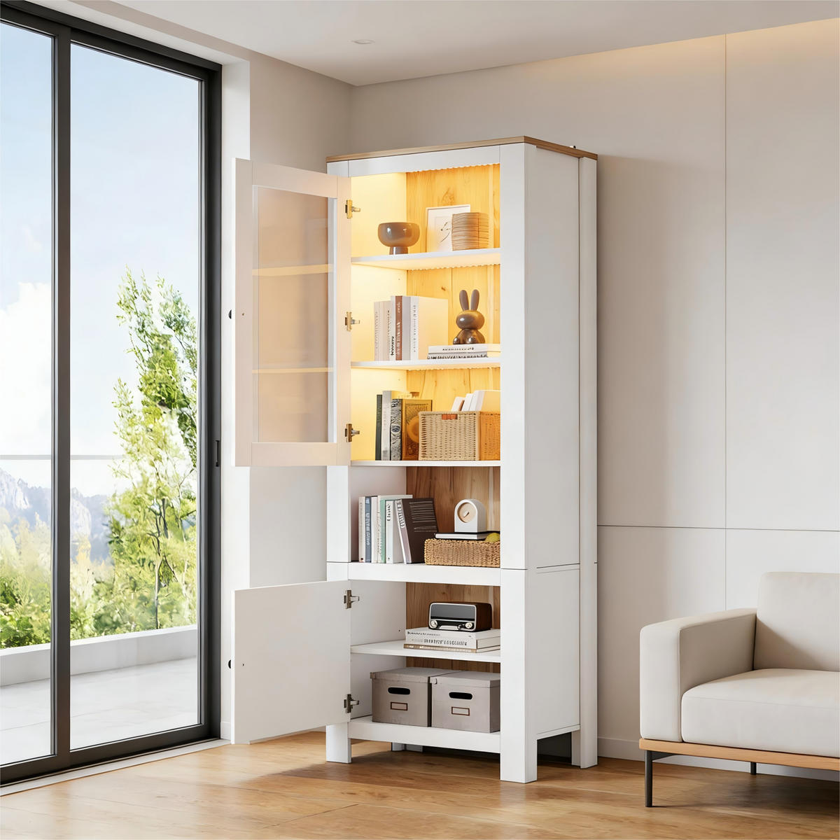 VITRINE LED Hochschrank Glas 188cm 6 Böden Weiß Holzoptik - Weiß, Holzwerkstoff (70/188/40cm) - FLIEKS