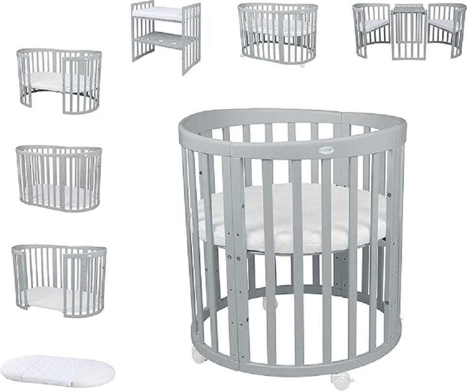 BABYBETT GREY OVAL 7in1 mit Matratze - Grau, Holz/Textil