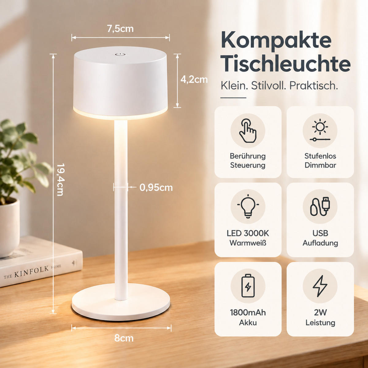 LED SVJETILJKA STOLNA Throvix 7.5/7.5/19.4 CM - bijela, metal/plastika (7.5/7.5/19.4cm) - ZMH