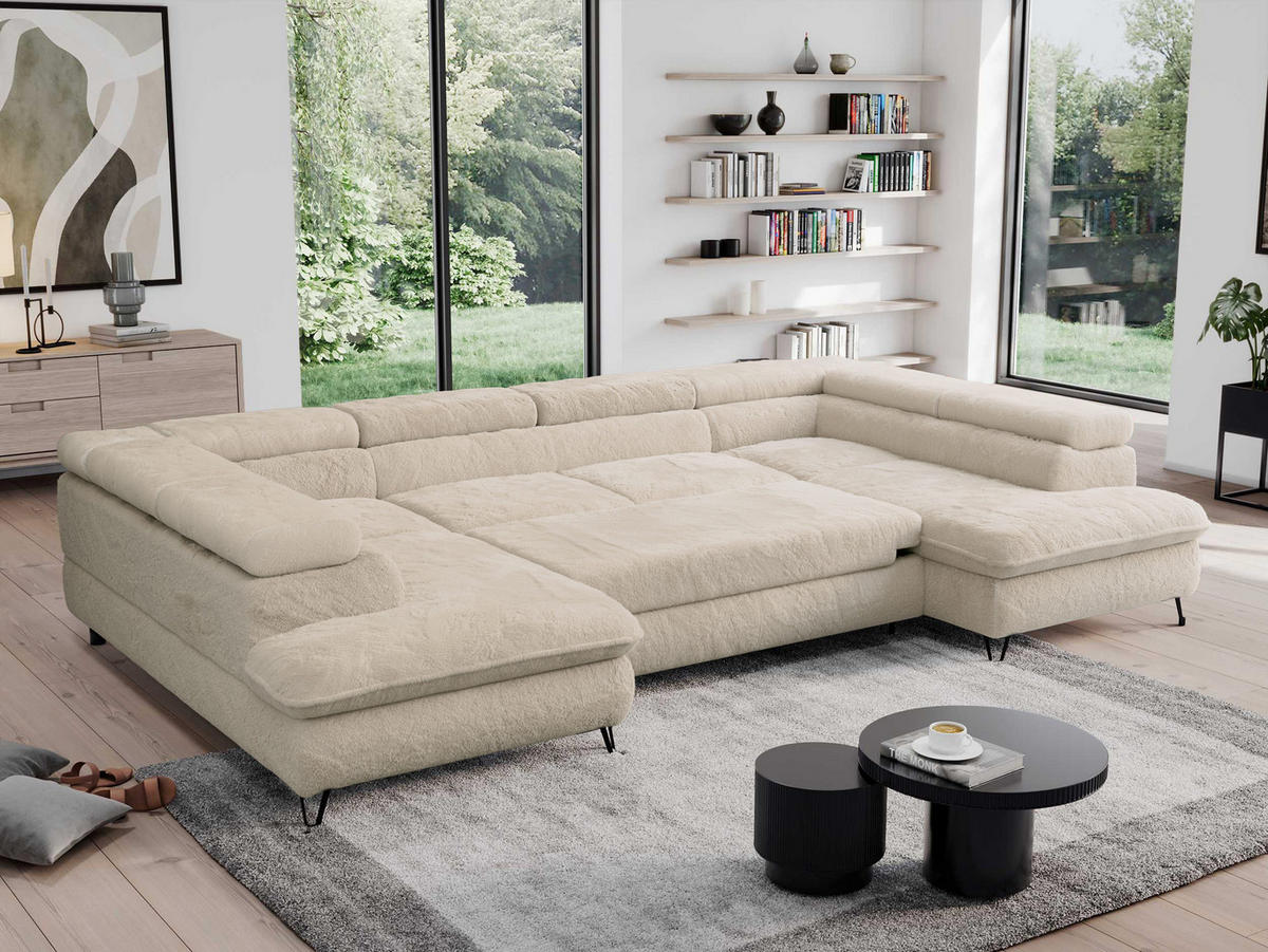 WOHNLANDSCHAFT PETER U Plüsch Ecru - Ecru/Schwarz, Textil/Metall (346/76/208cm) - MKS