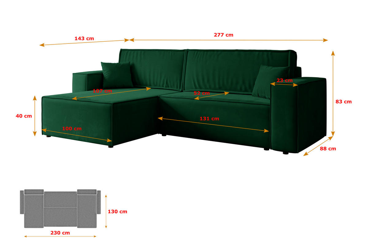 ECKSOFA mit Schlaffunktion und Bettkasten CELTIC-XL - 277x143x83 cm Grün Velours - Schwarz/Grün, Holzwerkstoff/Kunststoff (277/143cm) - ALTDECOR
