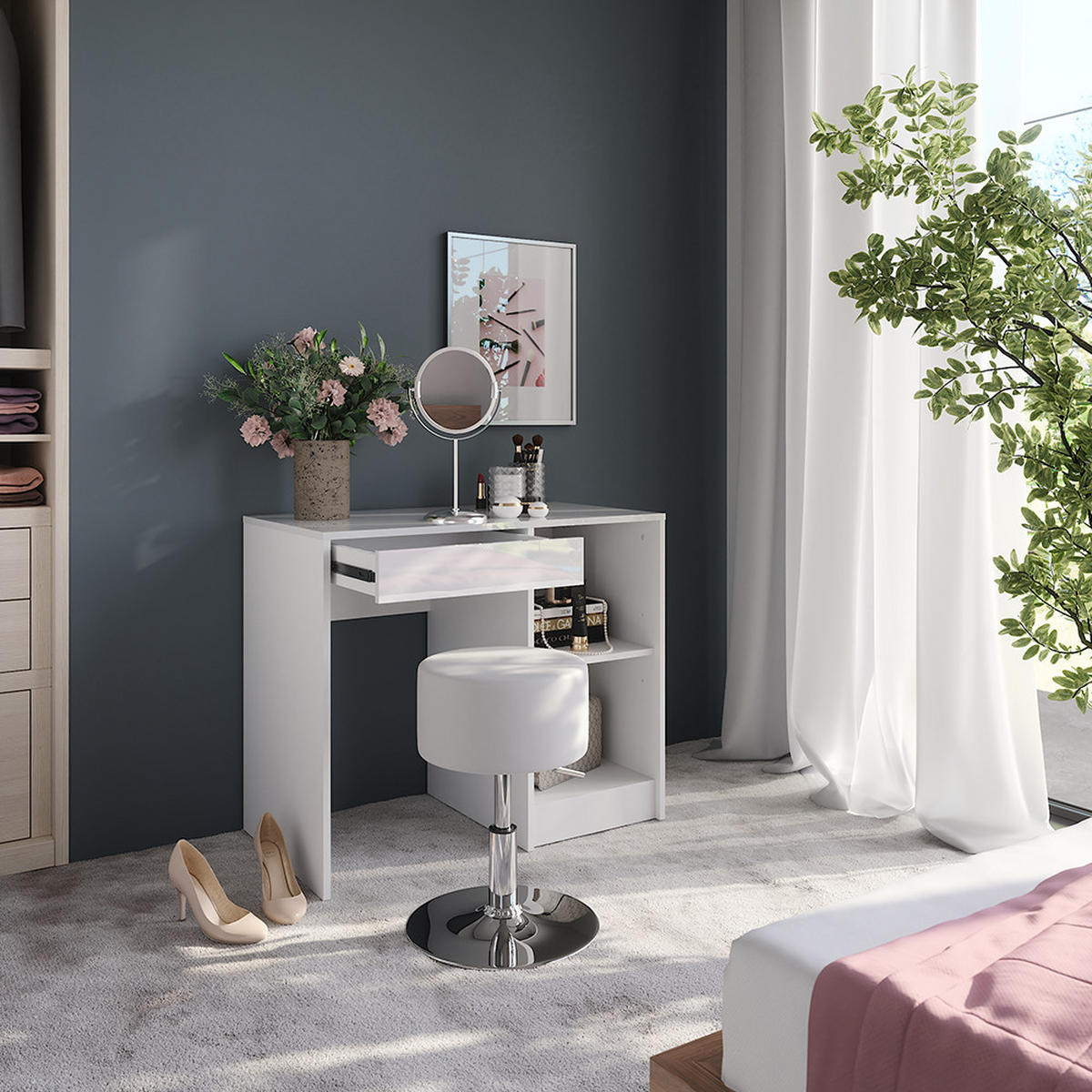 SCHMINKTISCH Sherry Weiß/Weiß Hochglanz 89.8 cm mit Hocker - Weiß Hochglanz, Holzwerkstoff (89.8/76/50.1cm) - Vicco