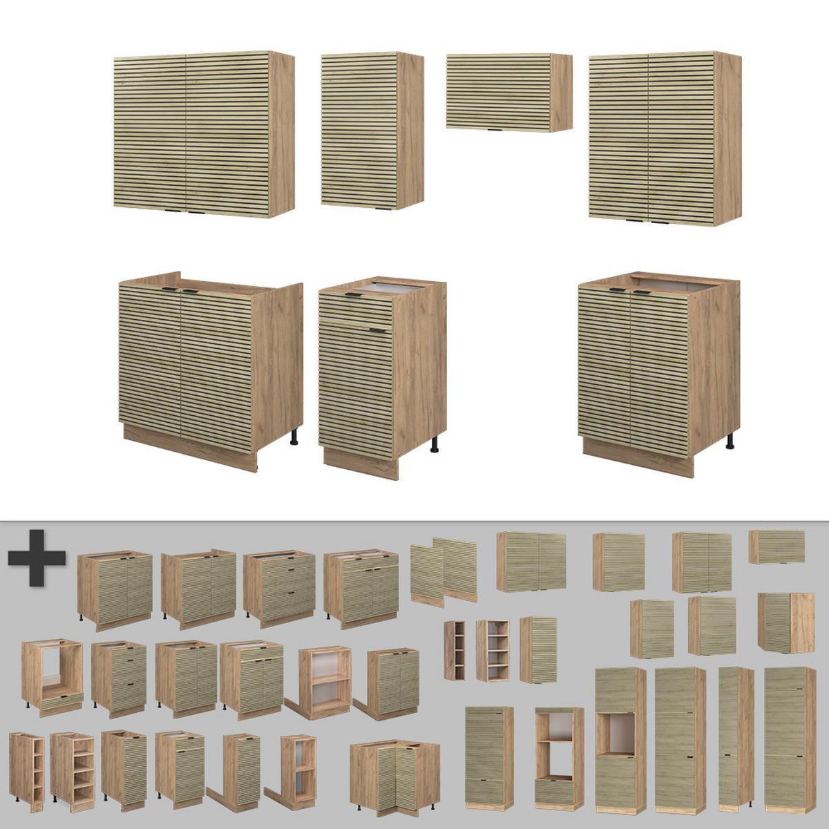 KÜCHENZEILE Fame-Line Eiche Paneel/Goldkraft Eiche 240 cm ohne Arbeitsplatte - Hellbraun/Eiche Wotan, Holzwerkstoff (240/81.6/46cm) - Vicco