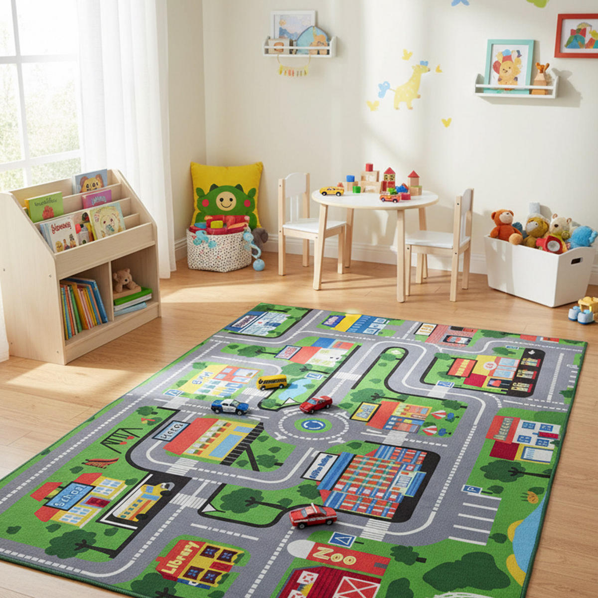 KINDERTEPPICH Bambini Borgo Mazovia 140x200cm Grau Grün Autos Kurzflor - Multicolor, Textil (140/200cm) - Mazovia