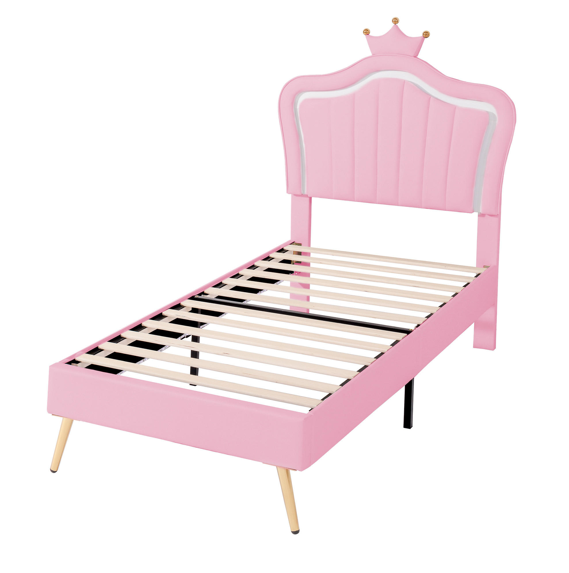 KINDERBETT 90/200 cm mit LED-Beleuchtung, verstellbarem Kopfteil und Muschel-Kronen-Design, Rosa - Pink, Textil (90/200cm) - Redom