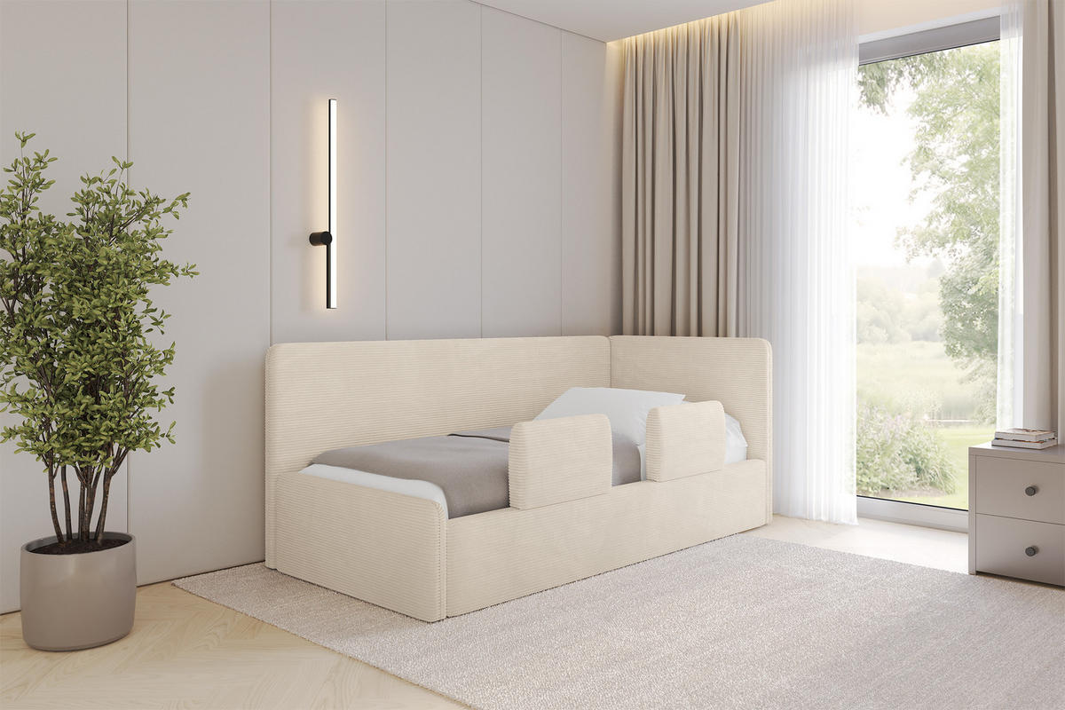 EINZELLBETT Jugendbett mit Bettkasten und Matratze H3/H4, Links - NORY 90x200 Beige - Creme, Holzwerkstoff/Textil (90/200cm) - ALTDECOR