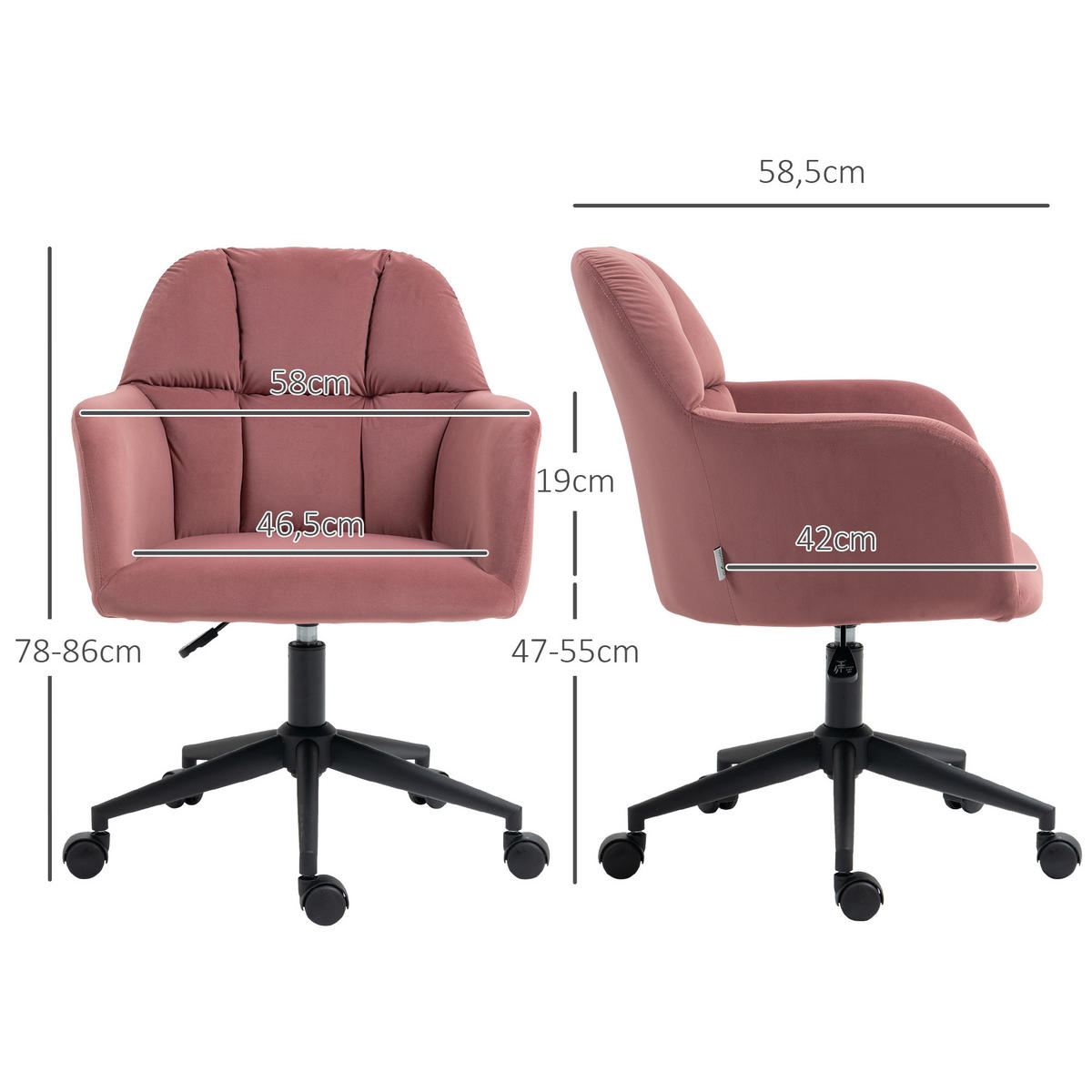 BÜROSTUHL, Höhenverstellbarer Schreibtischstuhl mit Samtoptik, Rückenlehne - Rosa, Kunststoff (58.5/86/58cm) - Vinsetto