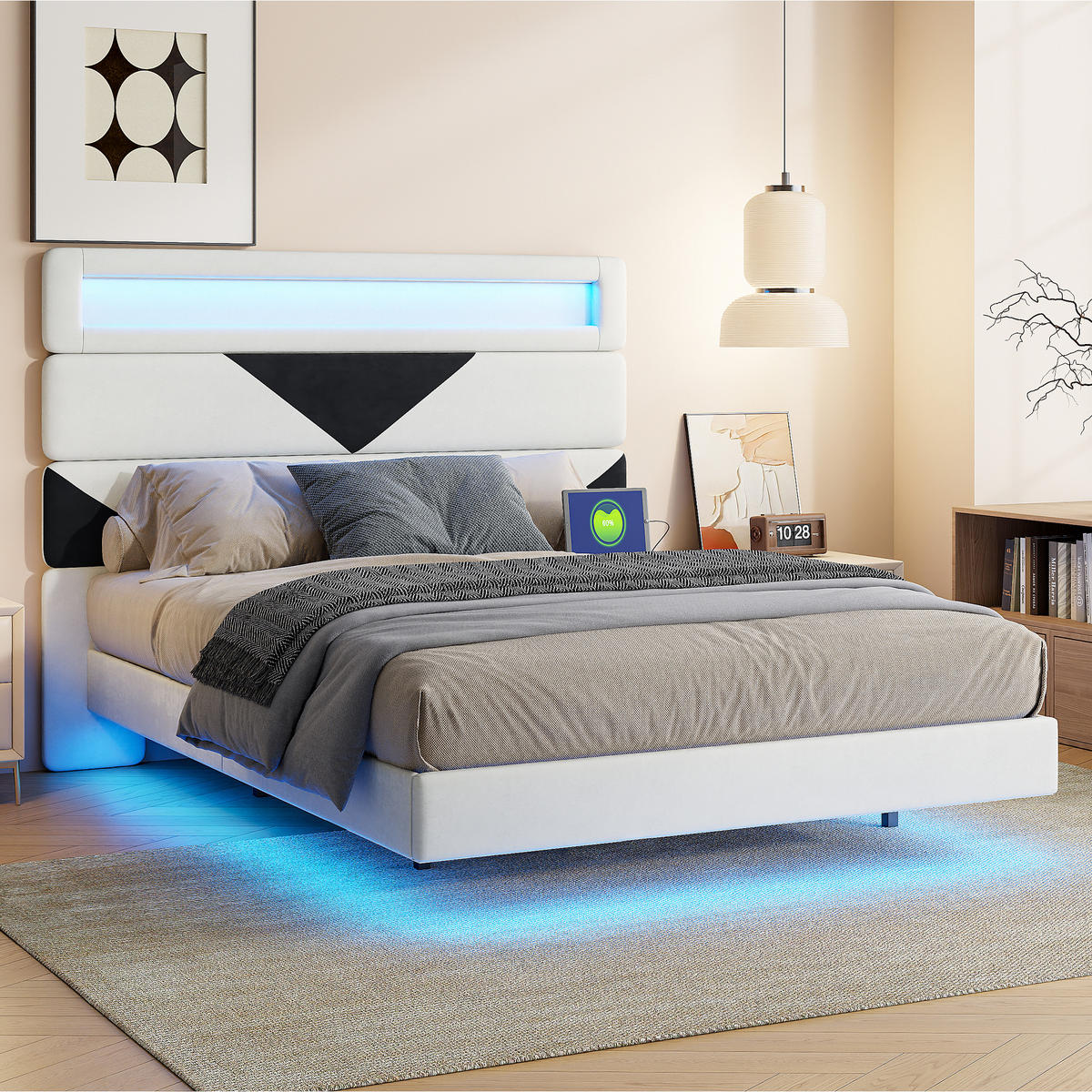 ČALÚNENÁ posteľ 160x200cm zamatová s USB - biela, drevo - SHOPENTRA