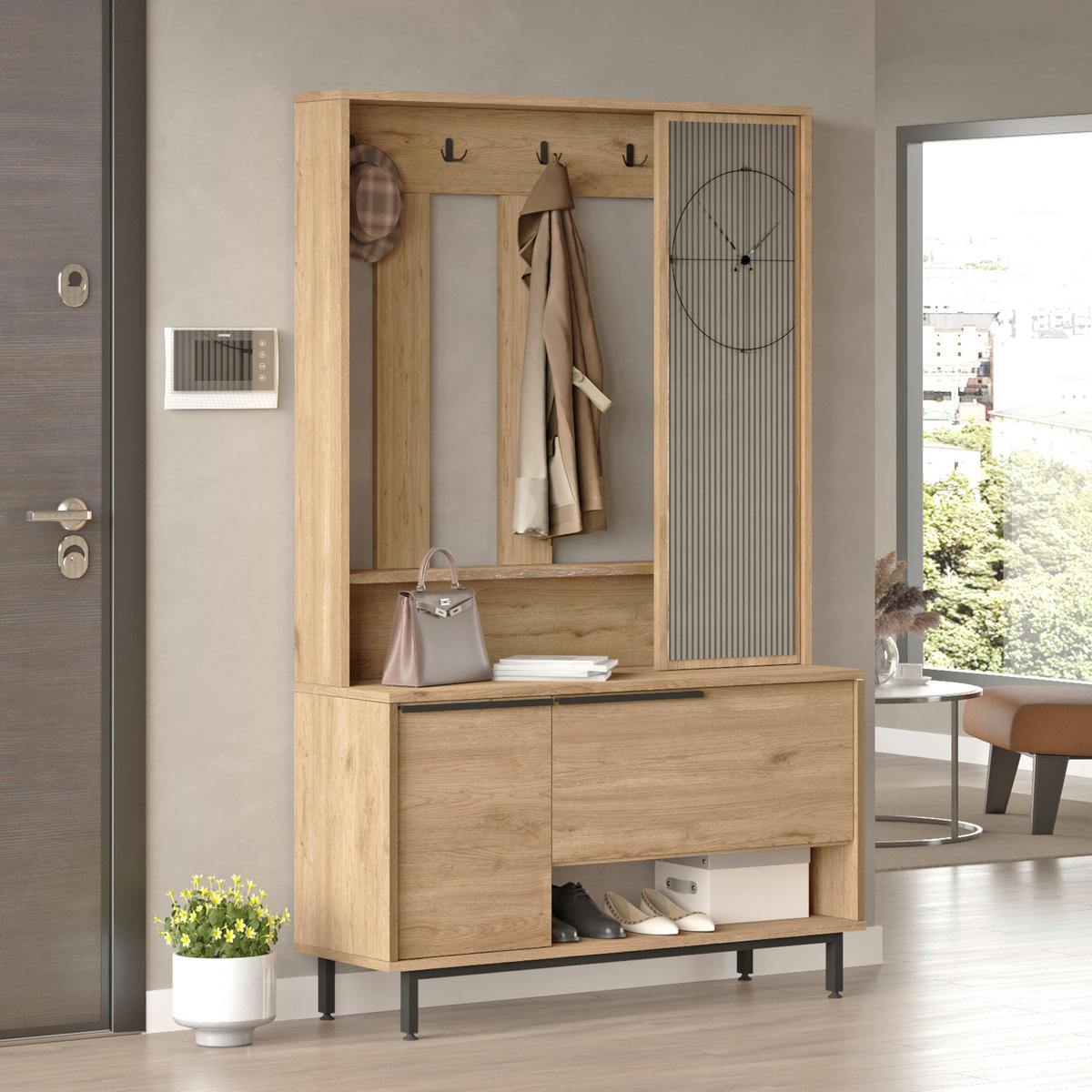 GARDEROBE Vesanto - Eichefarben/Schwarz, Holzwerkstoff/Metall (112/178/35.5cm) - [en.casa]