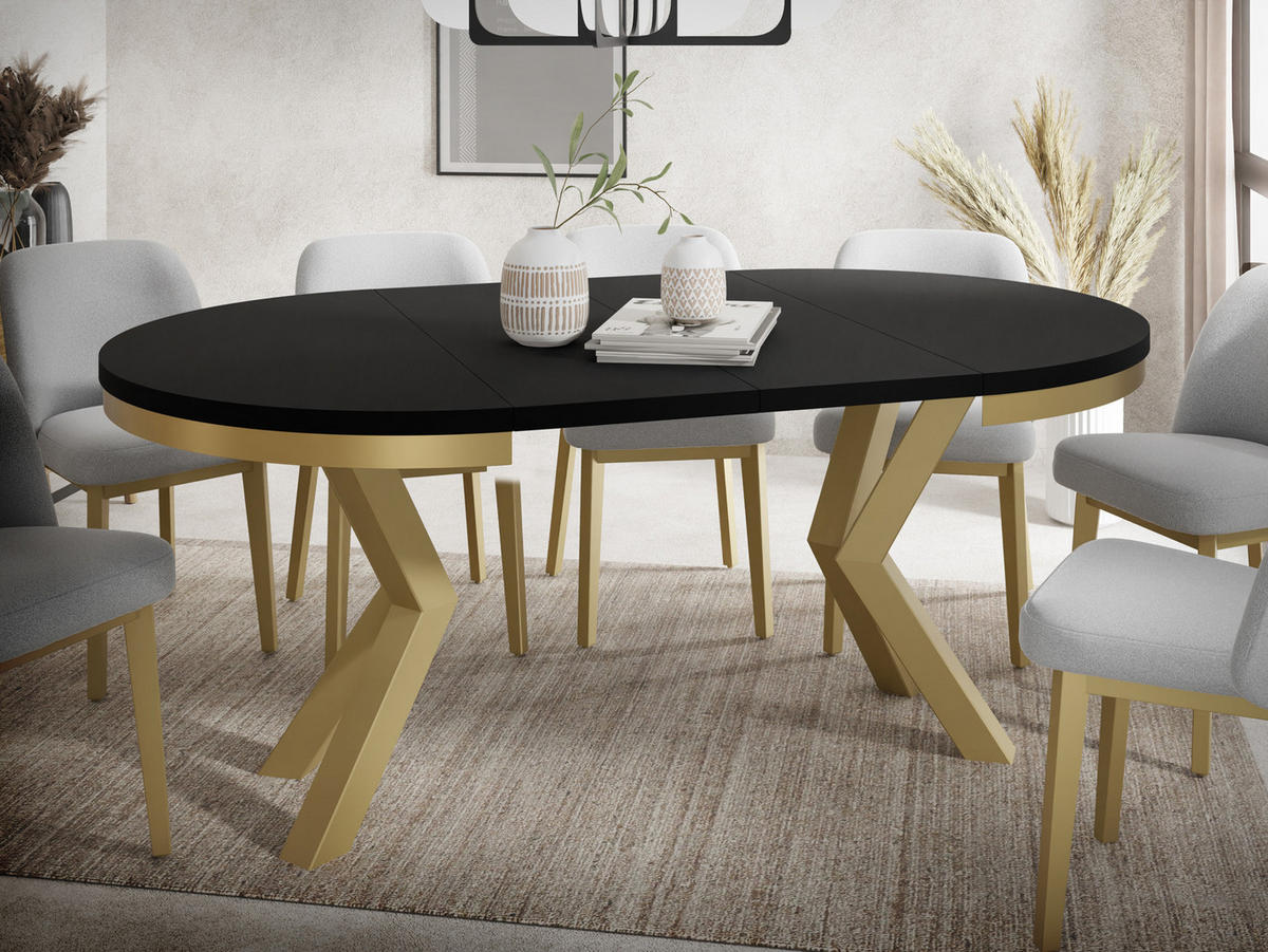 ESSTISCH Clara Gold runder ausziehbarer, Schwarz 120-200/120/76 cm - Goldfarben/Schwarz, Holzwerkstoff/Metall (120/120/76cm) - WFL GROUP