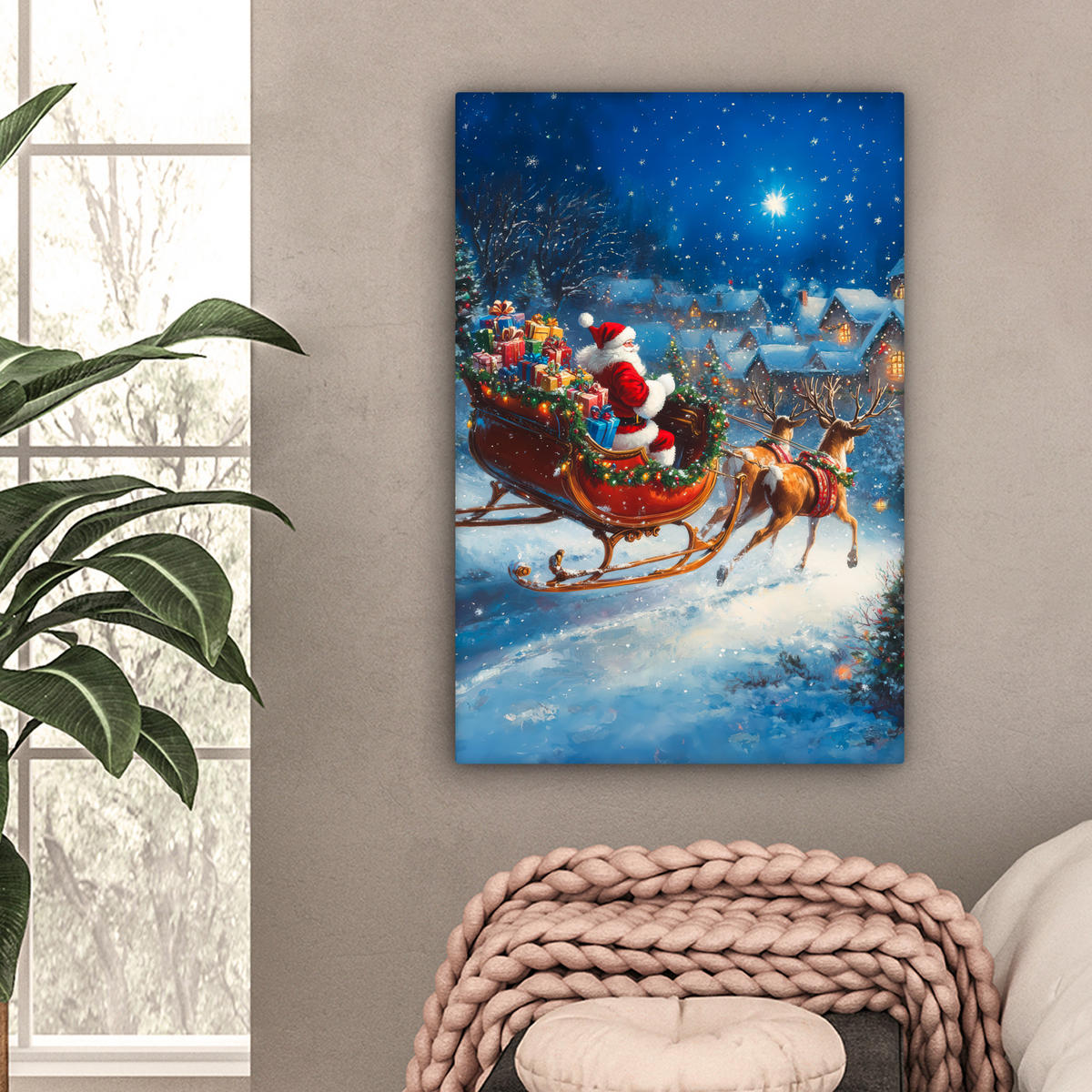 LEINWANDBILD Weihnachtsmann - Rentier - Weihnachten - Schnee Wanddeko Schlafzimmer 60x90 cm - Cognac, Textil (60/90cm) - MuchoWow