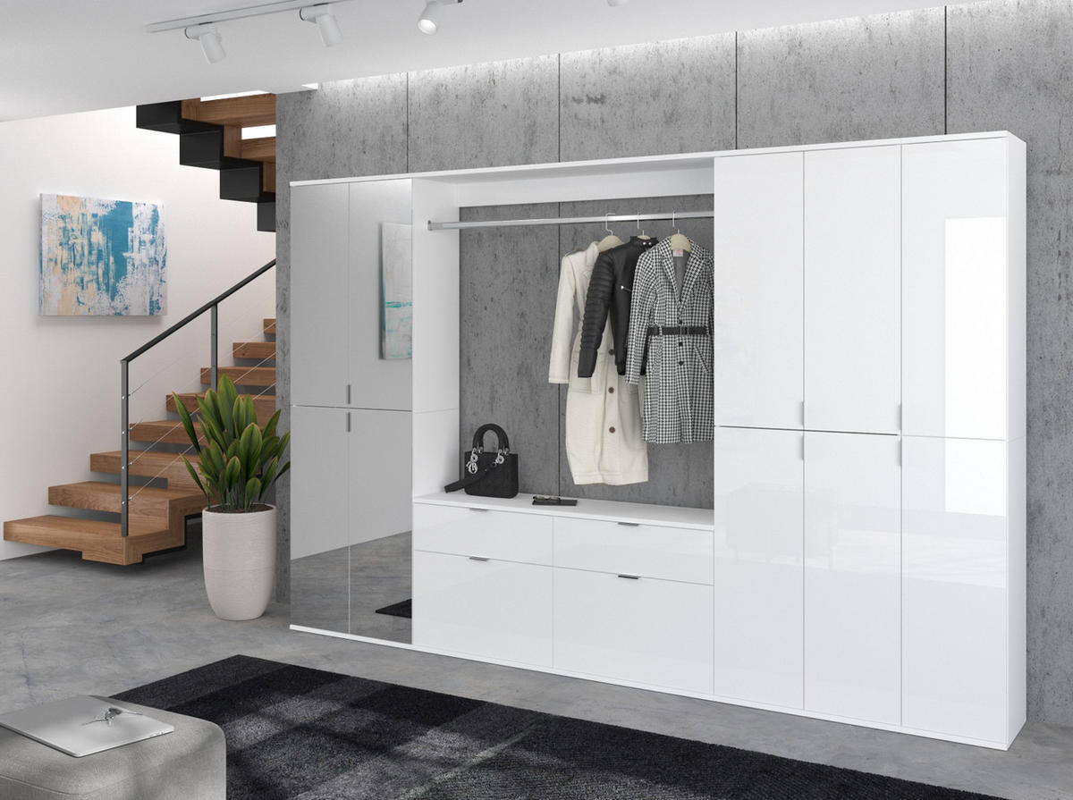 KOMMODE weiß Hochglanz 61 cm 2-türig, Mehrzweckschrank mit 6 Fächern, Garderobenmöbel - Weiß Hochglanz/Silberfarben, Holzwerkstoff/Kunststoff (61/99/34cm) - Inn.Furn