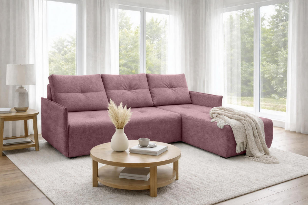 ECKSOFA L Form Damascus Rosa 212/143/88 cm Rechts mit Schlaffunktion - Schwarz/Rosa, Kunststoff/Textil (212/143cm) - AX Living