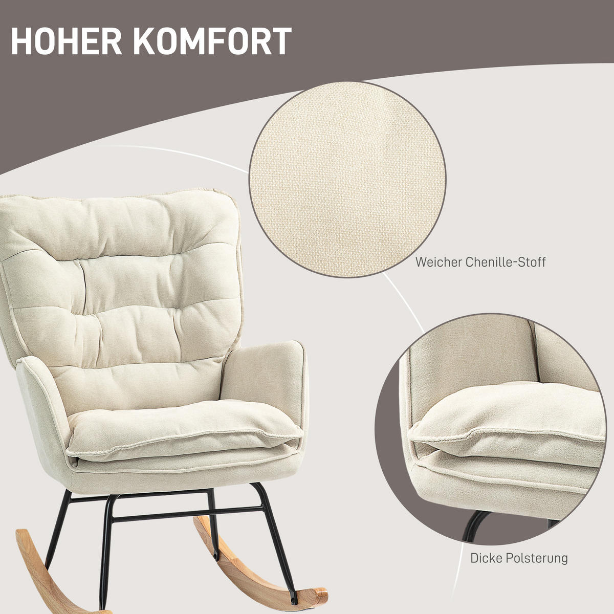 SCHAUKELSTUHL Schwingsessel Armlehnsessel mit Chenilleoptik für Schlafzimmer - Beige/Naturfarben, Holz/Textil (98.5/97/71cm) - HOMCOM