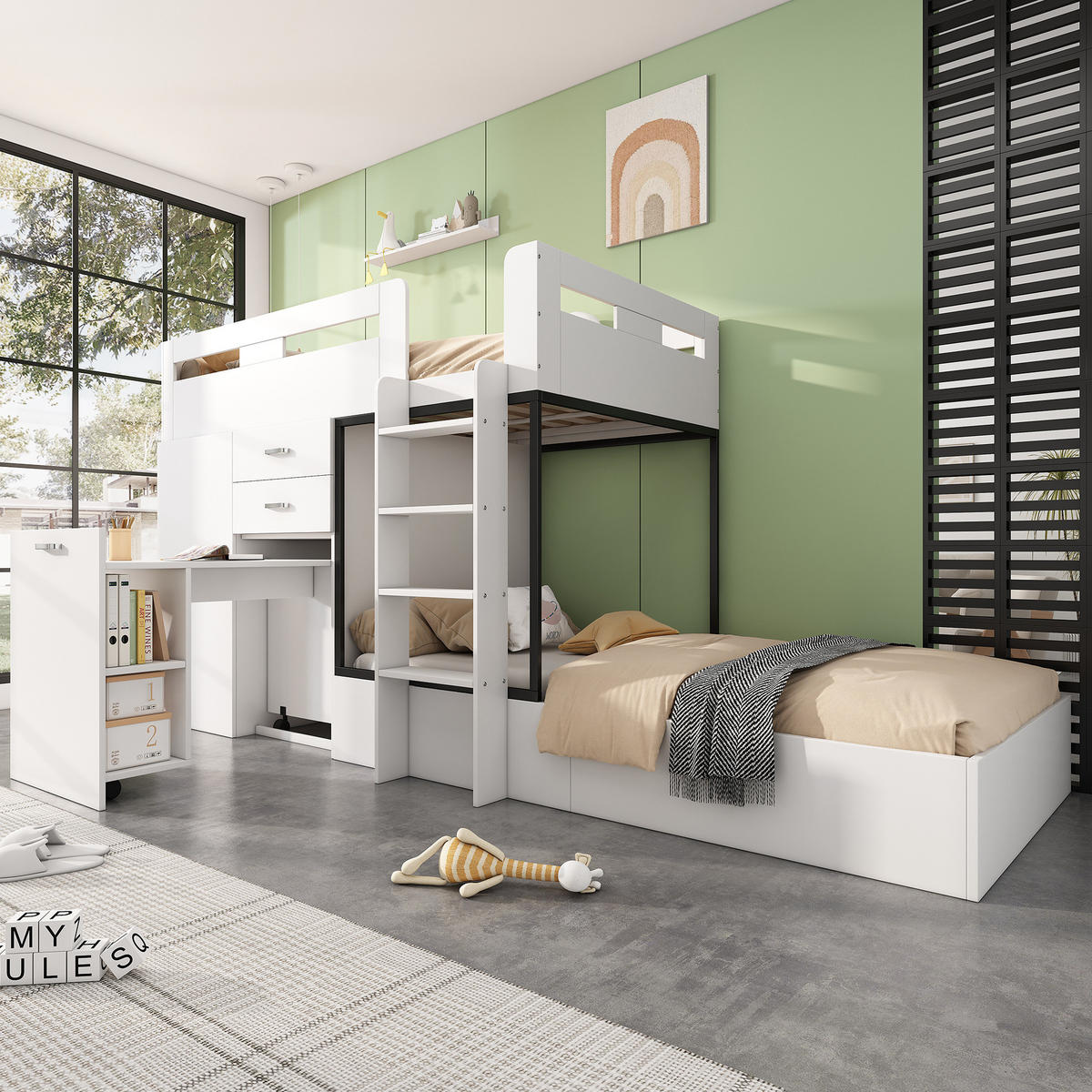 ETAGENBETT 90/200 cm in Weiß/Schwarz mit ausziehbarem Schreibtisch und Kleiderschrank - Weiß, Holzwerkstoff (90/200cm) - Flora Grace