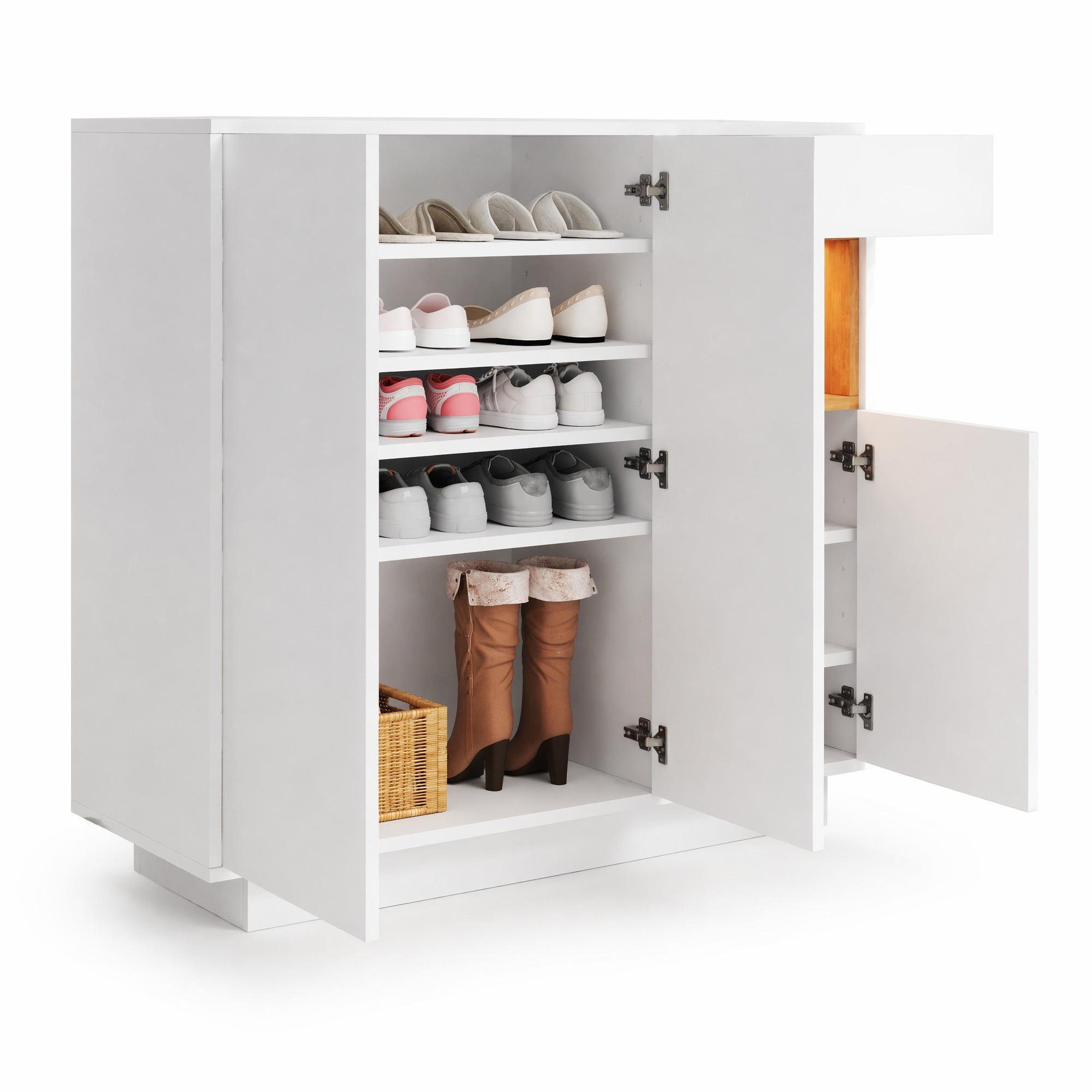 SCHUHSCHRANK mit LED 105 x 39,5 x 100,5 cm Weiß Natur - Weiß, Holzwerkstoff (38.5/100.5/105cm) - Beauniv