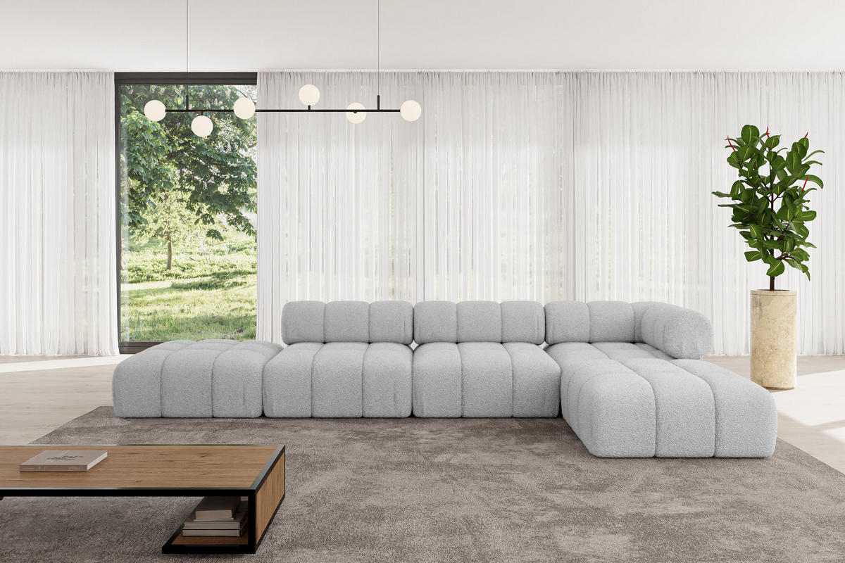 ECKSOFA modulares Sofa Kerru-L2 - 380x190x70 cm Hellgrau Bouclé - Hellgrau, Holzwerkstoff/Textil (380/190cm) - ALTDECOR