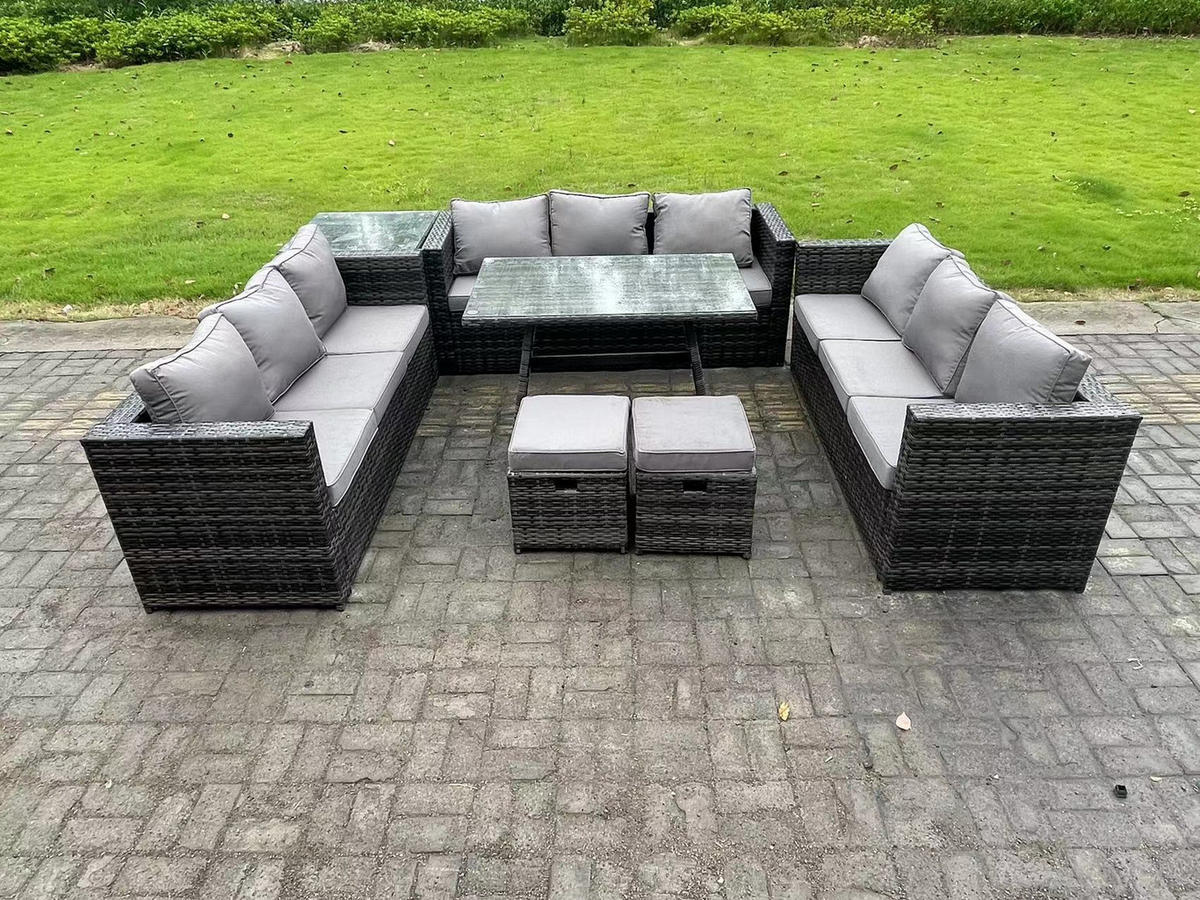 GARTENMÖBELSET mit Stuhl Esstisch 11-Sitzer Grau - Dunkelgrau/Grau, Glas/Kunststoff - Fimous