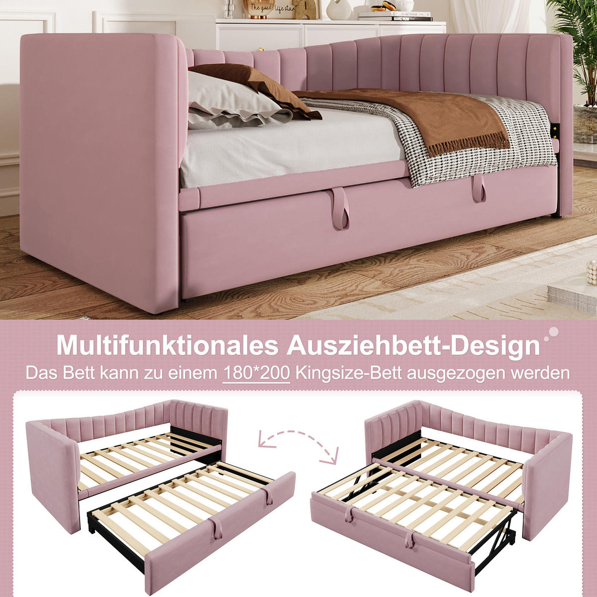 POLSTERBETT 90/200 cm Rosa mit Ziehbett - Rosa, Textil (180/200cm) - OKWISH